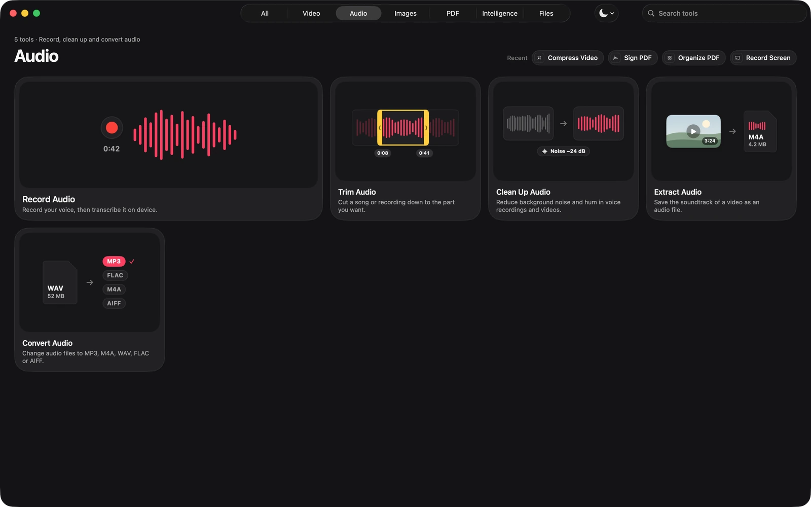 The Audio category in Toolbox: Record Audio, Trim Audio, Clean Up Audio, Extract Audio and Convert Audio.