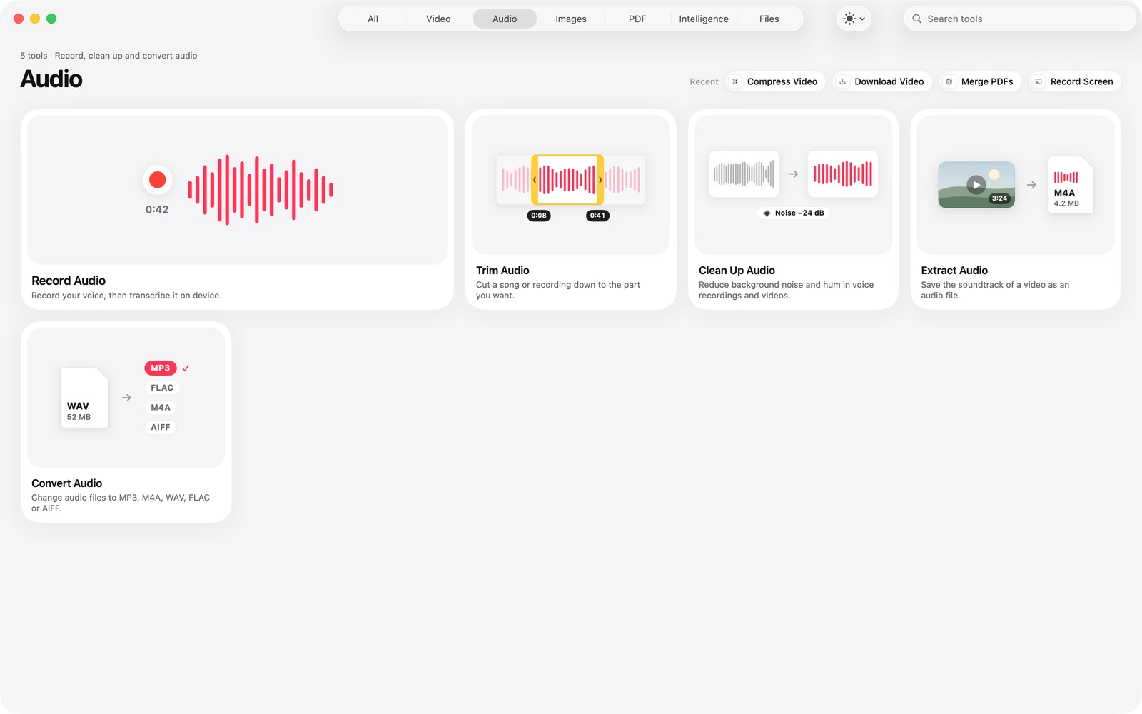 The Audio category in Toolbox: Record Audio, Trim Audio, Clean Up Audio, Extract Audio and Convert Audio.