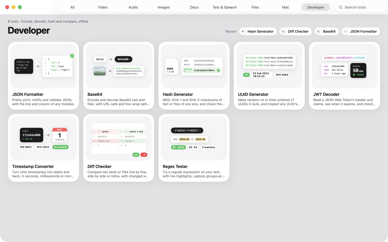 JSON Formatter in Toolbox for Mac: Pretty-print, minify and validate JSON, with the line and column of any mistake.