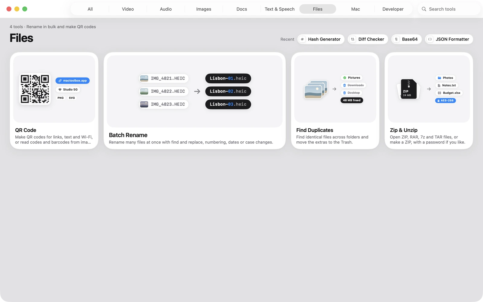 Find Duplicates in Toolbox for Mac: Find identical files across folders and move the extras to the Trash.