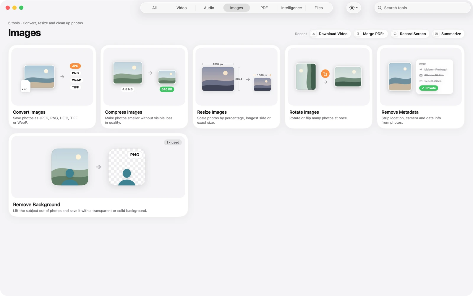 The Images category in Toolbox: Convert, Compress, Resize, Rotate, Remove Metadata and Remove Background.