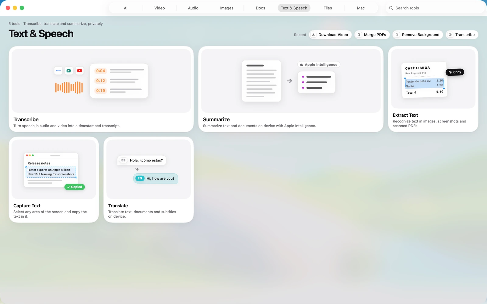 The Text & Speech category in Toolbox for Mac, with Transcribe, Summarize, Extract Text, Capture Text and Translate.
