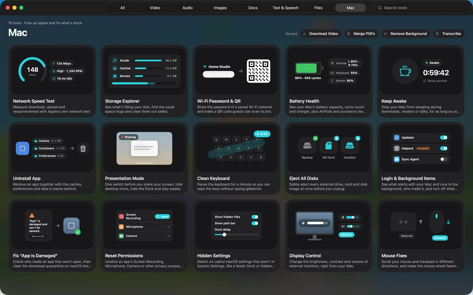 The Mac category in Toolbox for Mac, with Network Speed Test, Storage Explorer, Wi-Fi Password & QR, Battery Health, Keep Awake, Uninstall App, Presentation Mode, Clean Keyboard, Eject All Disks, Login & Background Items, Fix “App Is Damaged”, Reset Permissions, Hidden Settings, Display Control and Mouse Fixes.
