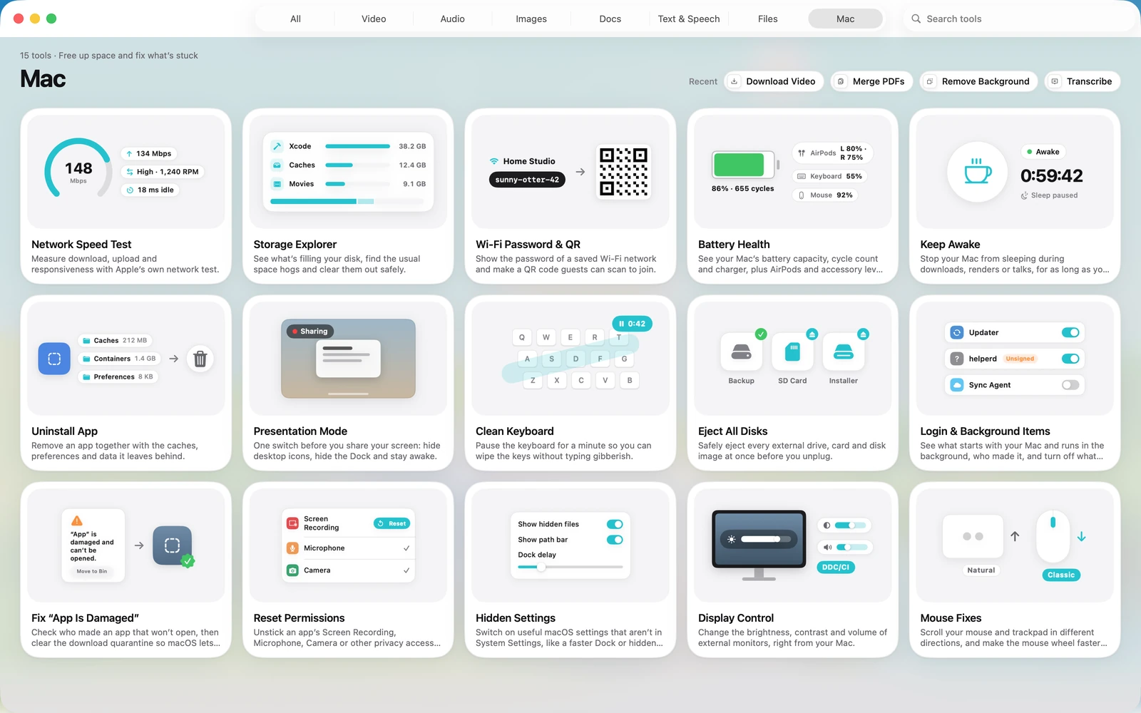 The Mac category in Toolbox for Mac, with Network Speed Test, Storage Explorer, Wi-Fi Password & QR, Battery Health, Keep Awake, Uninstall App, Presentation Mode, Clean Keyboard, Eject All Disks, Login & Background Items, Fix “App Is Damaged”, Reset Permissions, Hidden Settings, Display Control and Mouse Fixes.