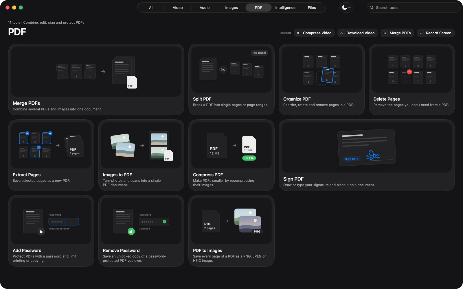 The PDF category in Toolbox: Merge, Split, Organize, Delete Pages, Extract Pages, Images to PDF, Compress, Sign, Add Password, Remove Password and PDF to Images.