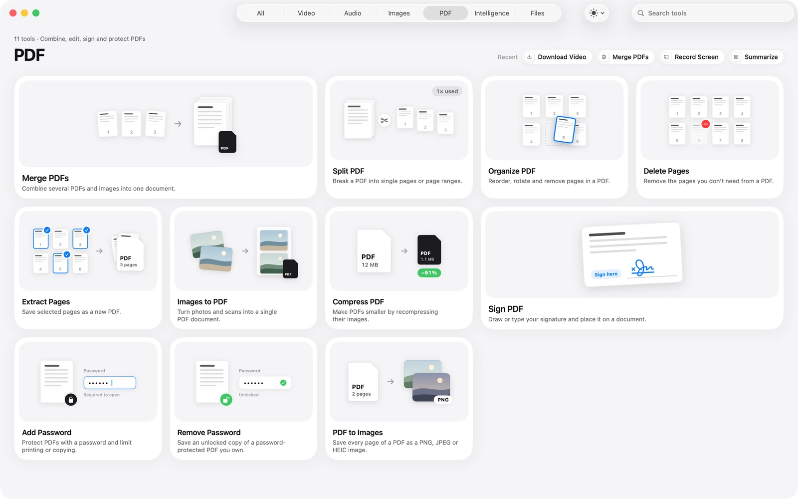 The PDF category in Toolbox: Merge, Split, Organize, Delete Pages, Extract Pages, Images to PDF, Compress, Sign, Add Password, Remove Password and PDF to Images.