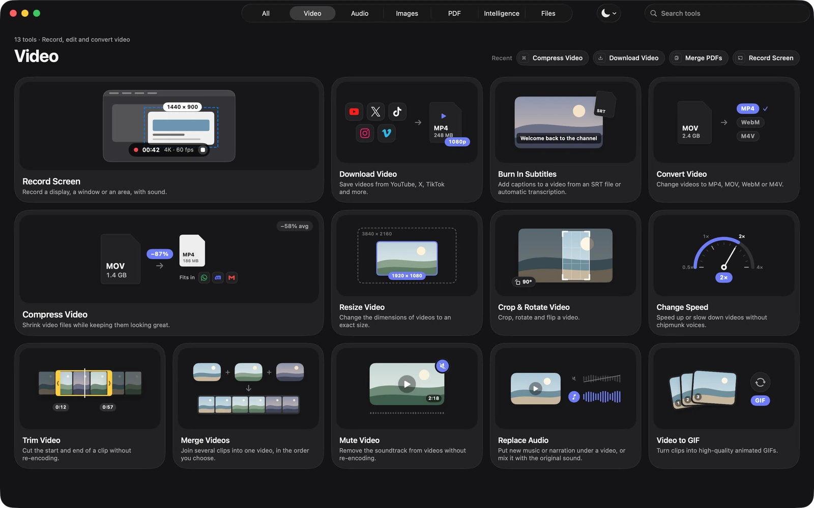 The Video category in Toolbox: Record Screen, Download Video, Burn In Subtitles, Convert, Compress, Resize, Crop & Rotate, Change Speed, Trim, Merge, Mute, Replace Audio and Video to GIF.