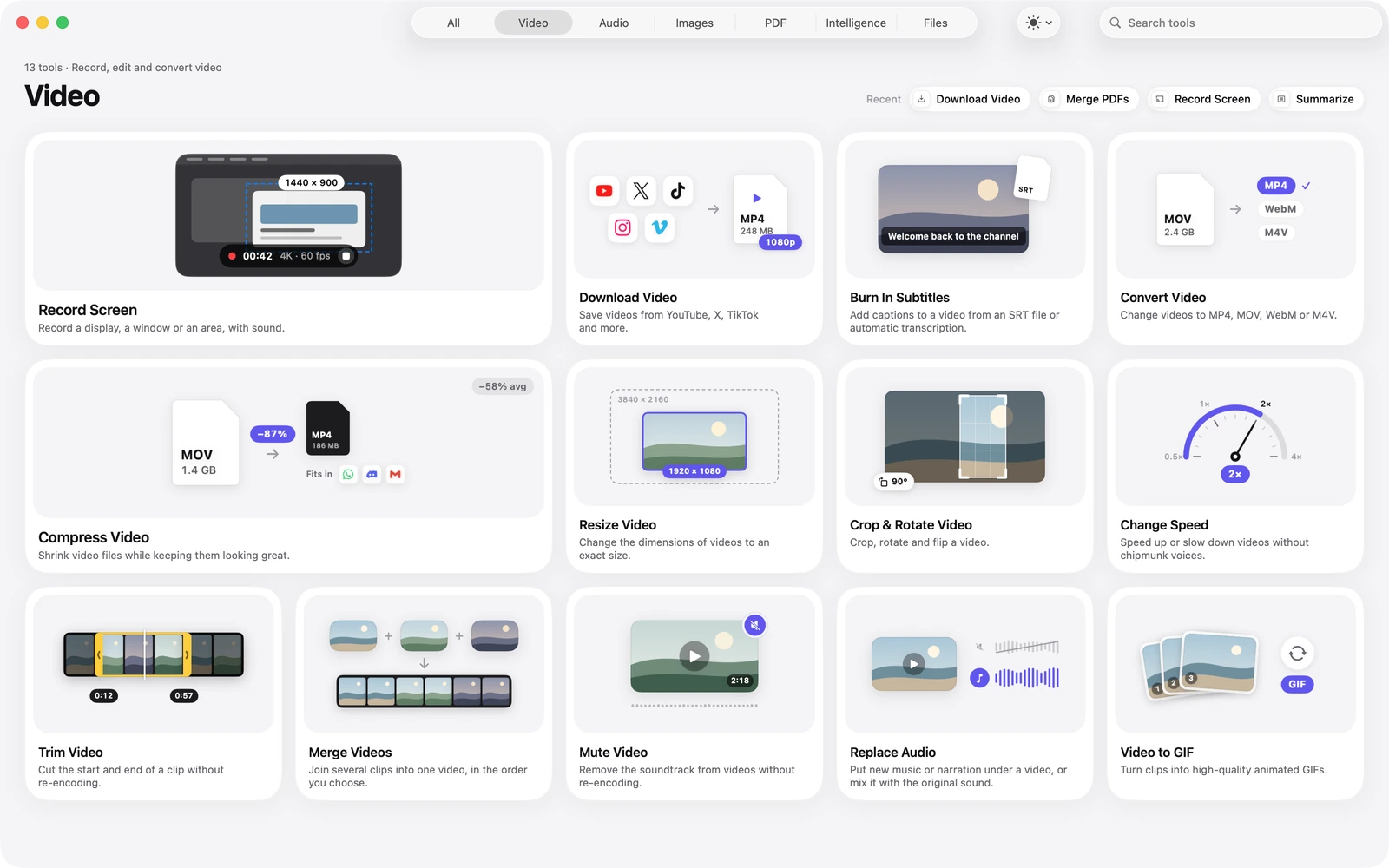 The Video category in Toolbox: Record Screen, Download Video, Burn In Subtitles, Convert, Compress, Resize, Crop & Rotate, Change Speed, Trim, Merge, Mute, Replace Audio and Video to GIF.