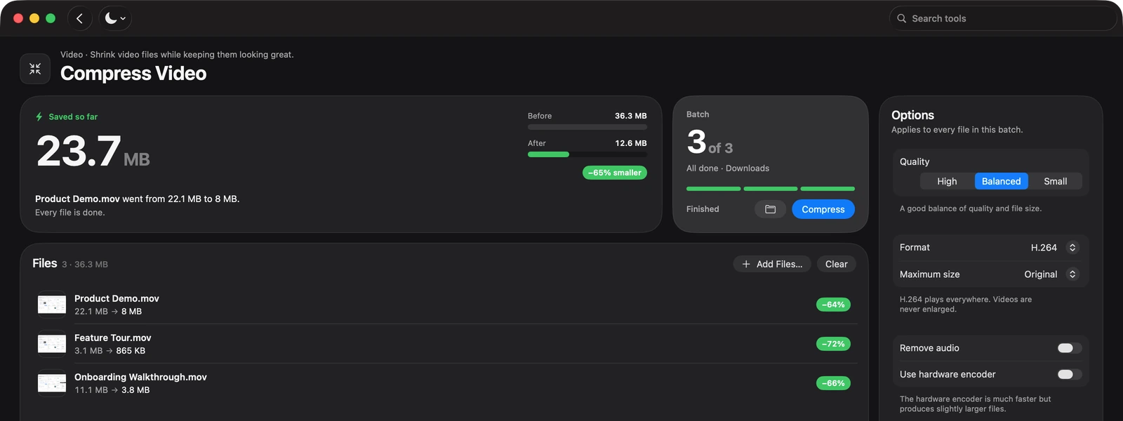 Compress Video after a batch of three files: 23.7 MB saved, 36.3 MB before and 12.6 MB after, 65 percent smaller.