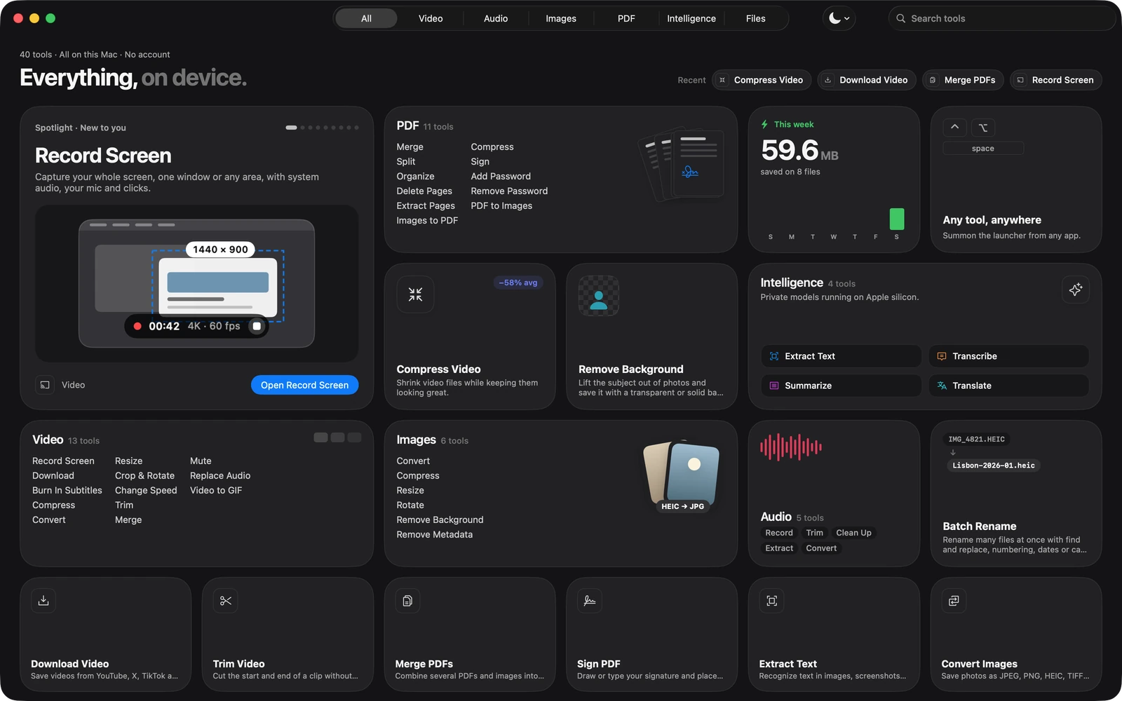 The Toolbox home screen, a grid of tiles for Record Screen, the PDF tools, Compress Video, Remove Background, Intelligence and the other categories.