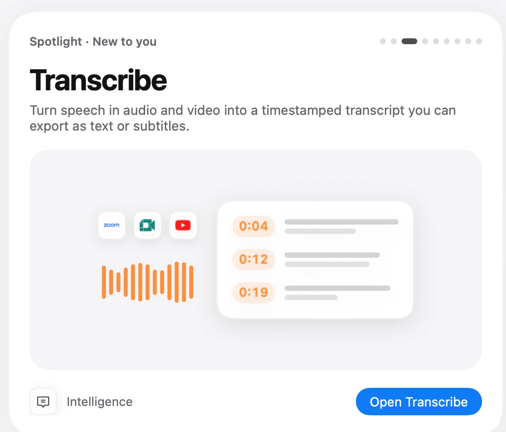 The Transcribe spotlight in Toolbox: turn speech in audio and video into a timestamped transcript you can export as text or subtitles.