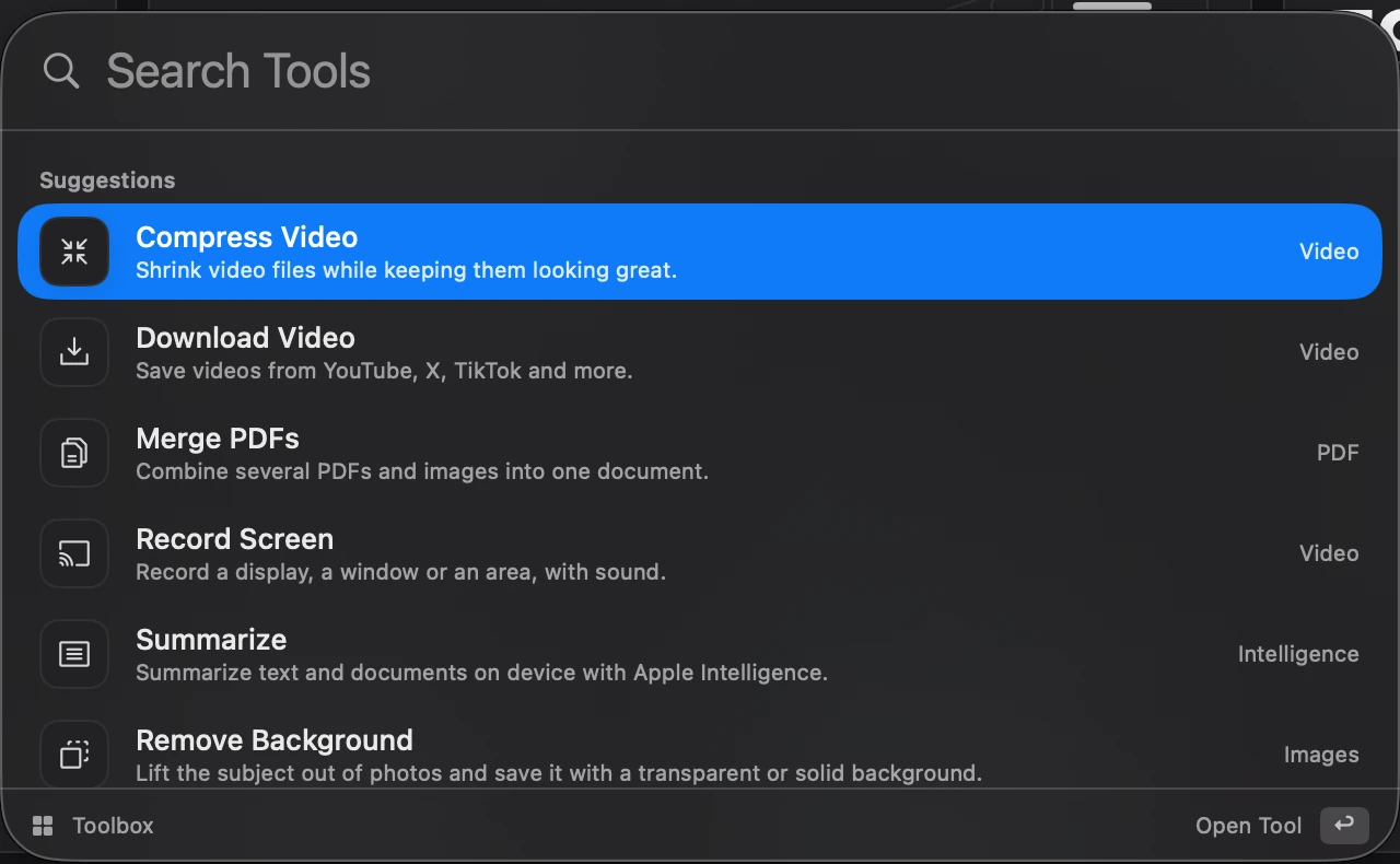 The Toolbox launcher: a Search Tools field suggesting Download Video, Merge PDFs, Record Screen, Summarize, Remove Background and Convert Images.