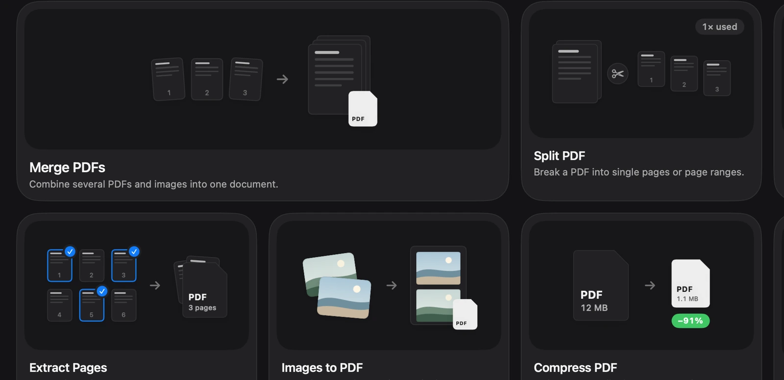 PDF tools in Toolbox: Merge PDFs, Split PDF, Extract Pages, Images to PDF and Compress PDF.