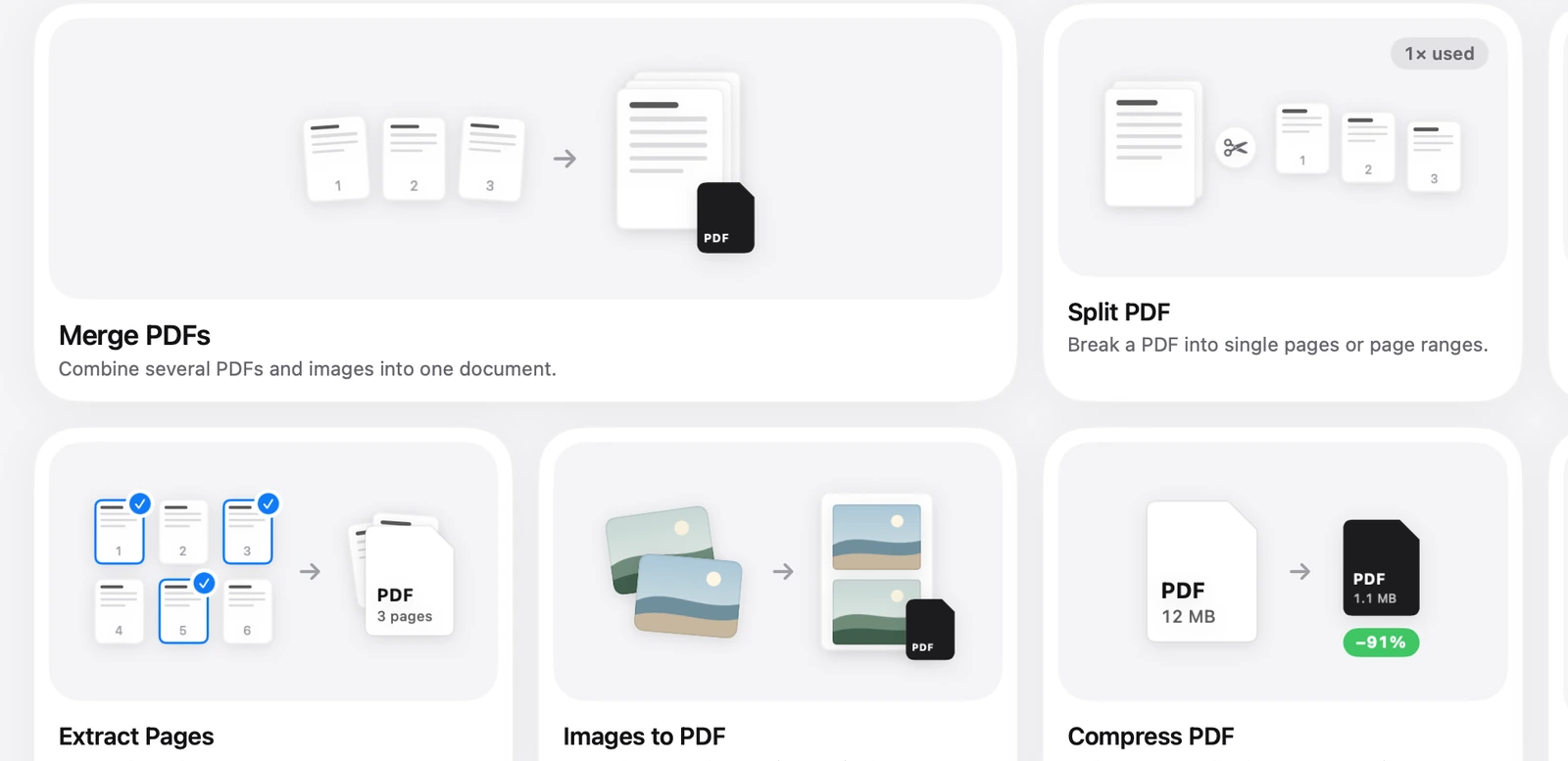 PDF tools in Toolbox: Merge PDFs, Split PDF, Extract Pages, Images to PDF and Compress PDF.
