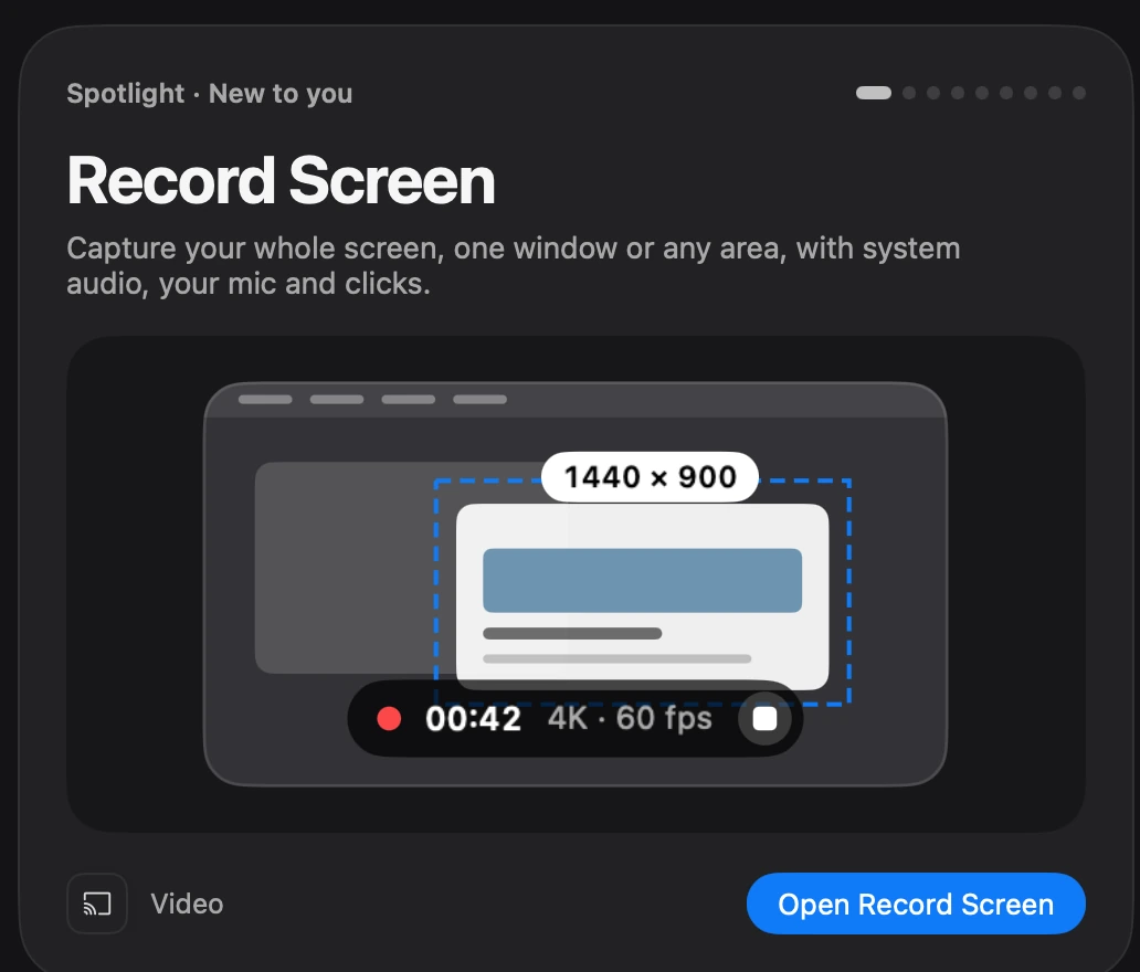 The Record Screen spotlight in Toolbox: a 1440 by 900 area selected, a recording timer and an Open Record Screen button.