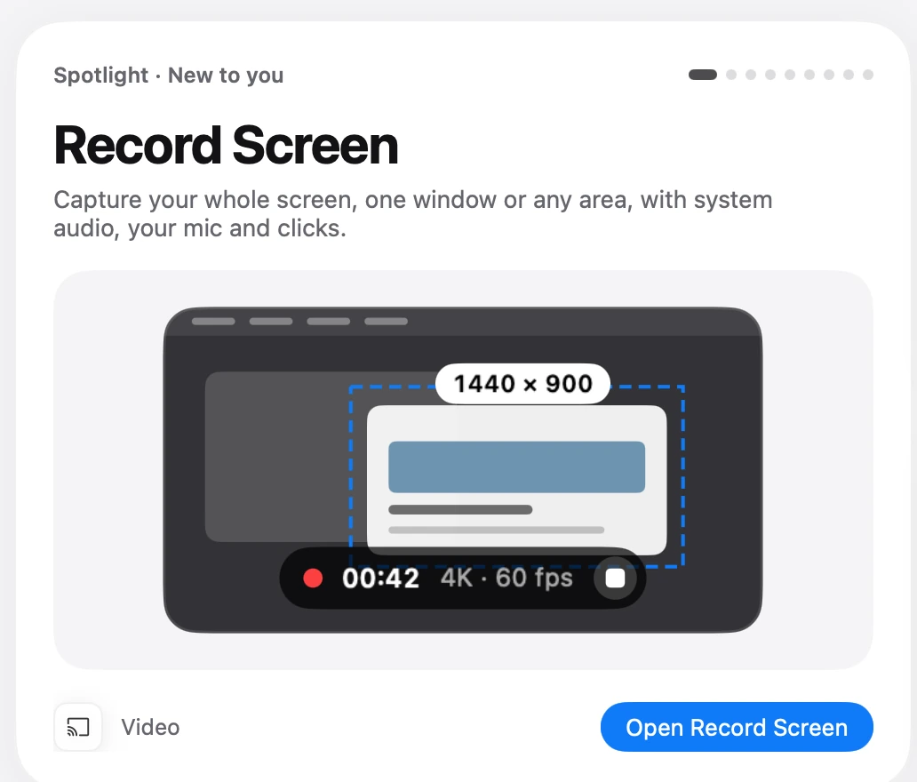 The Record Screen spotlight in Toolbox: a 1440 by 900 area selected, a recording timer and an Open Record Screen button.