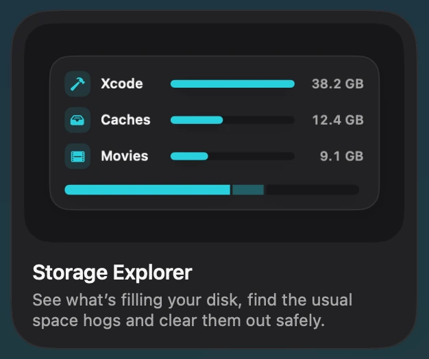 Die Speicher-Explorer-Kachel in Toolbox: Xcode mit 38,2 GB, Caches mit 12,4 GB und Filme mit 9,1 GB.