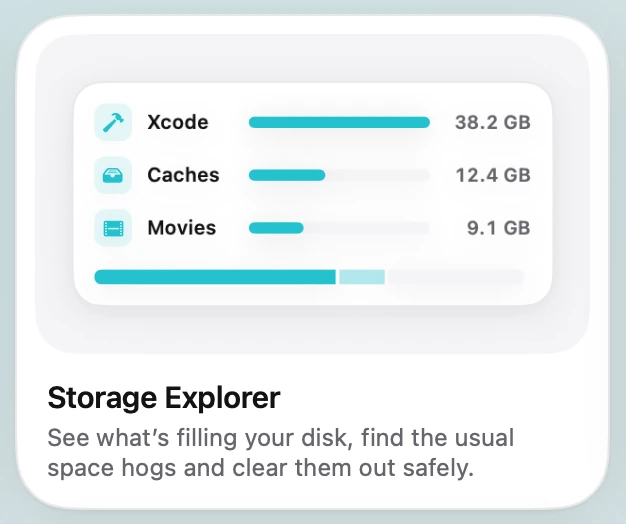 Die Speicher-Explorer-Kachel in Toolbox: Xcode mit 38,2 GB, Caches mit 12,4 GB und Filme mit 9,1 GB.