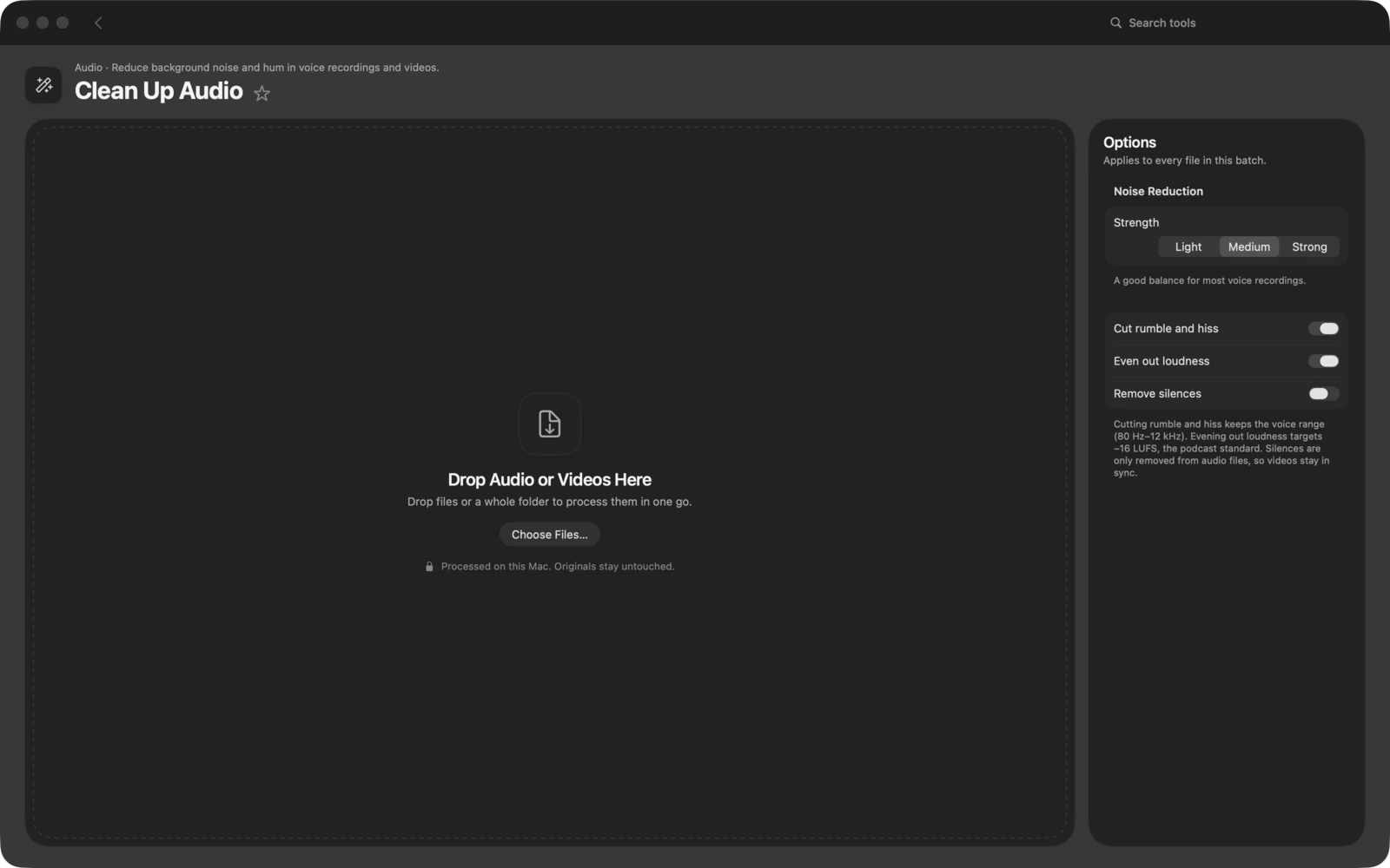 Limpiar audio en Toolbox para Mac: Reduce el ruido de fondo y el zumbido en grabaciones de voz y vídeos.