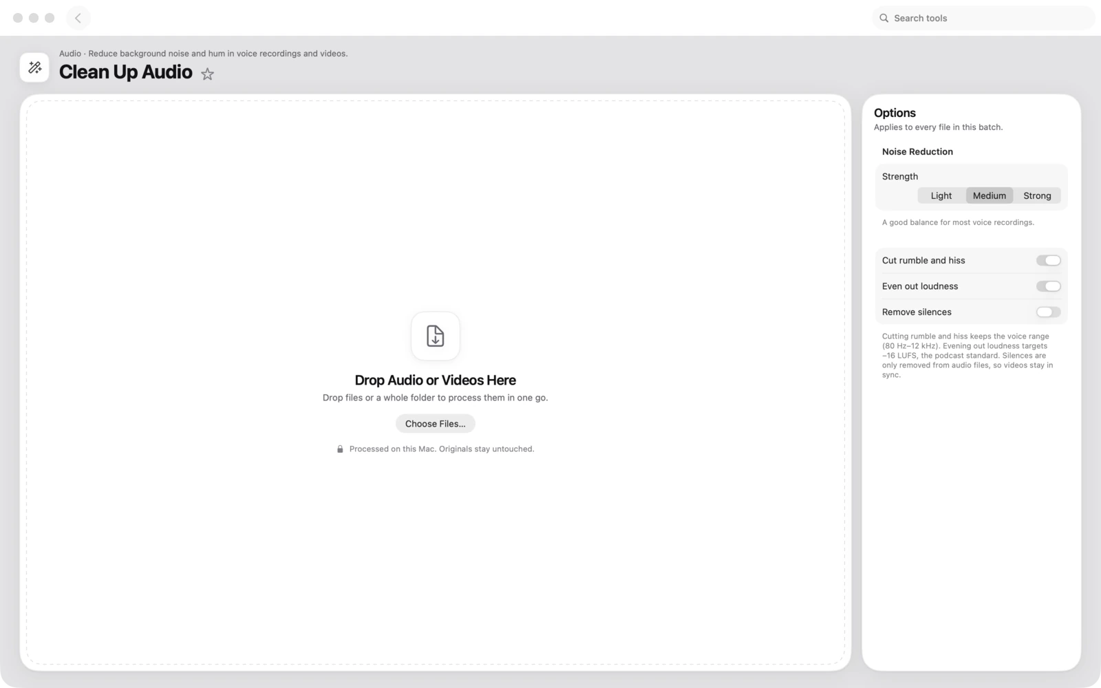 Limpiar audio en Toolbox para Mac: Reduce el ruido de fondo y el zumbido en grabaciones de voz y vídeos.