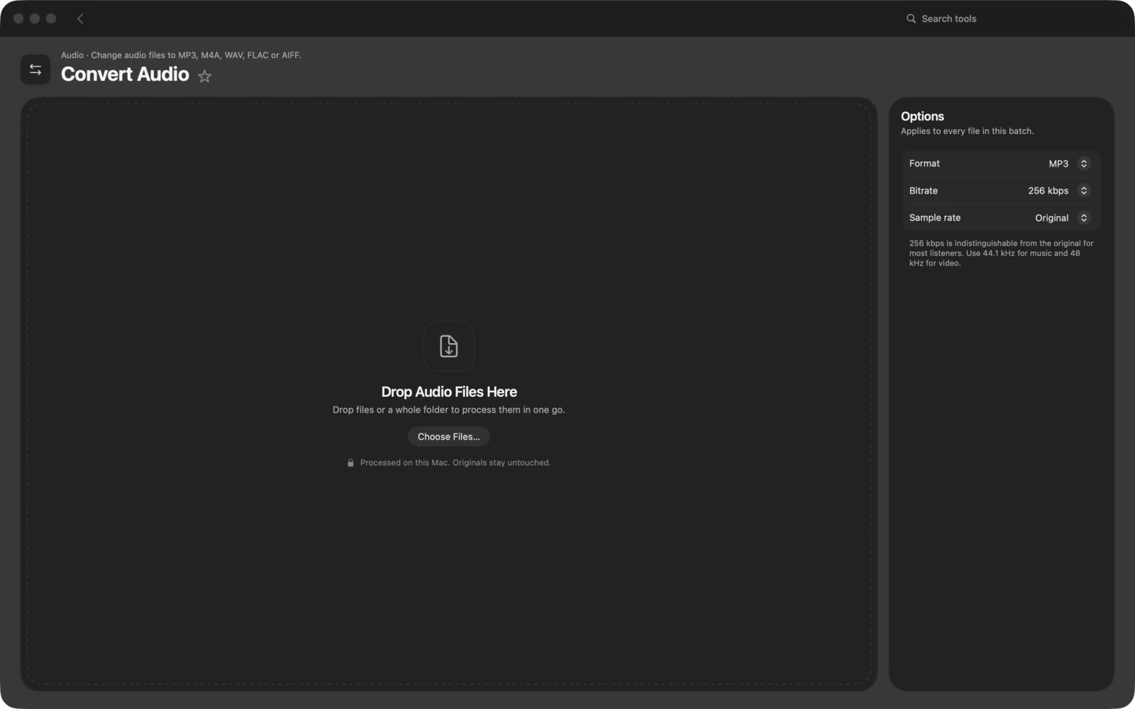 Audio umwandeln in Toolbox für Mac: Wandle Audiodateien in MP3, M4A, WAV, FLAC oder AIFF um.