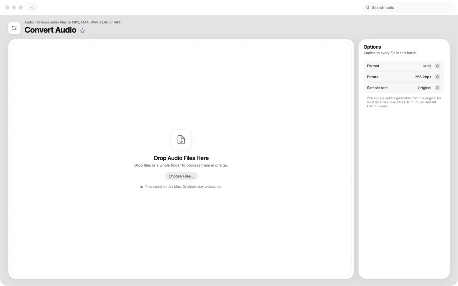 Audio umwandeln in Toolbox für Mac: Wandle Audiodateien in MP3, M4A, WAV, FLAC oder AIFF um.