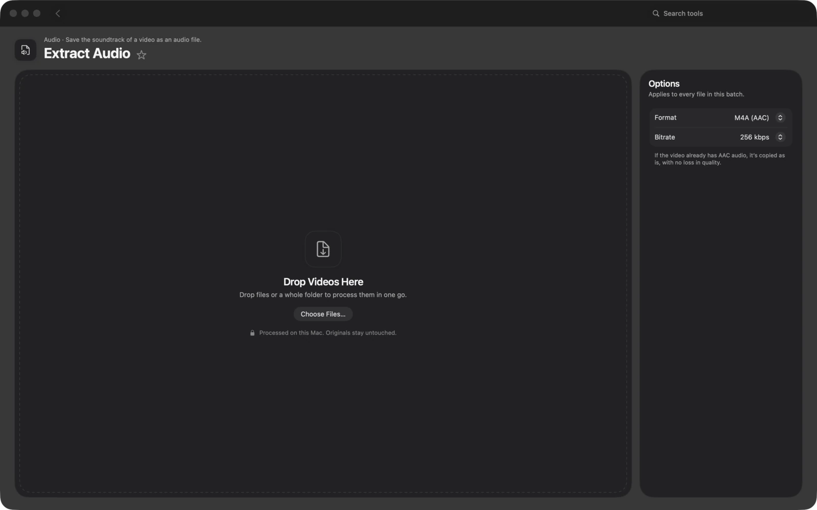 Extraer audio en Toolbox para Mac: Guarda la banda sonora de un vídeo como archivo de audio.