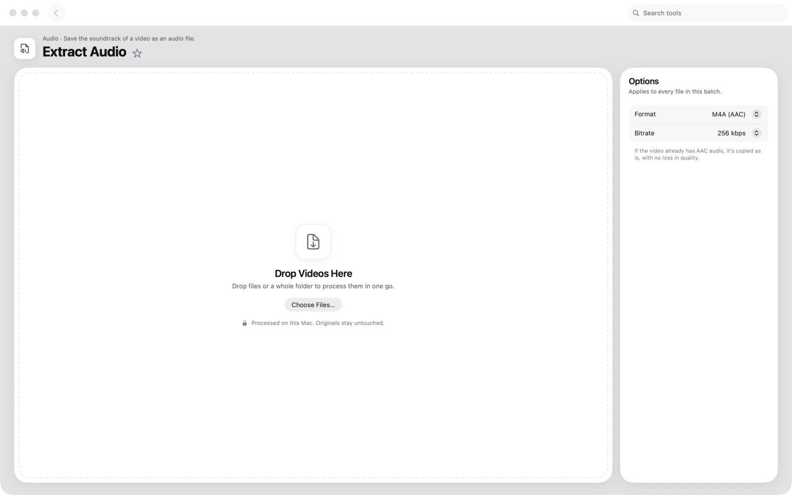 Extraer audio en Toolbox para Mac: Guarda la banda sonora de un vídeo como archivo de audio.