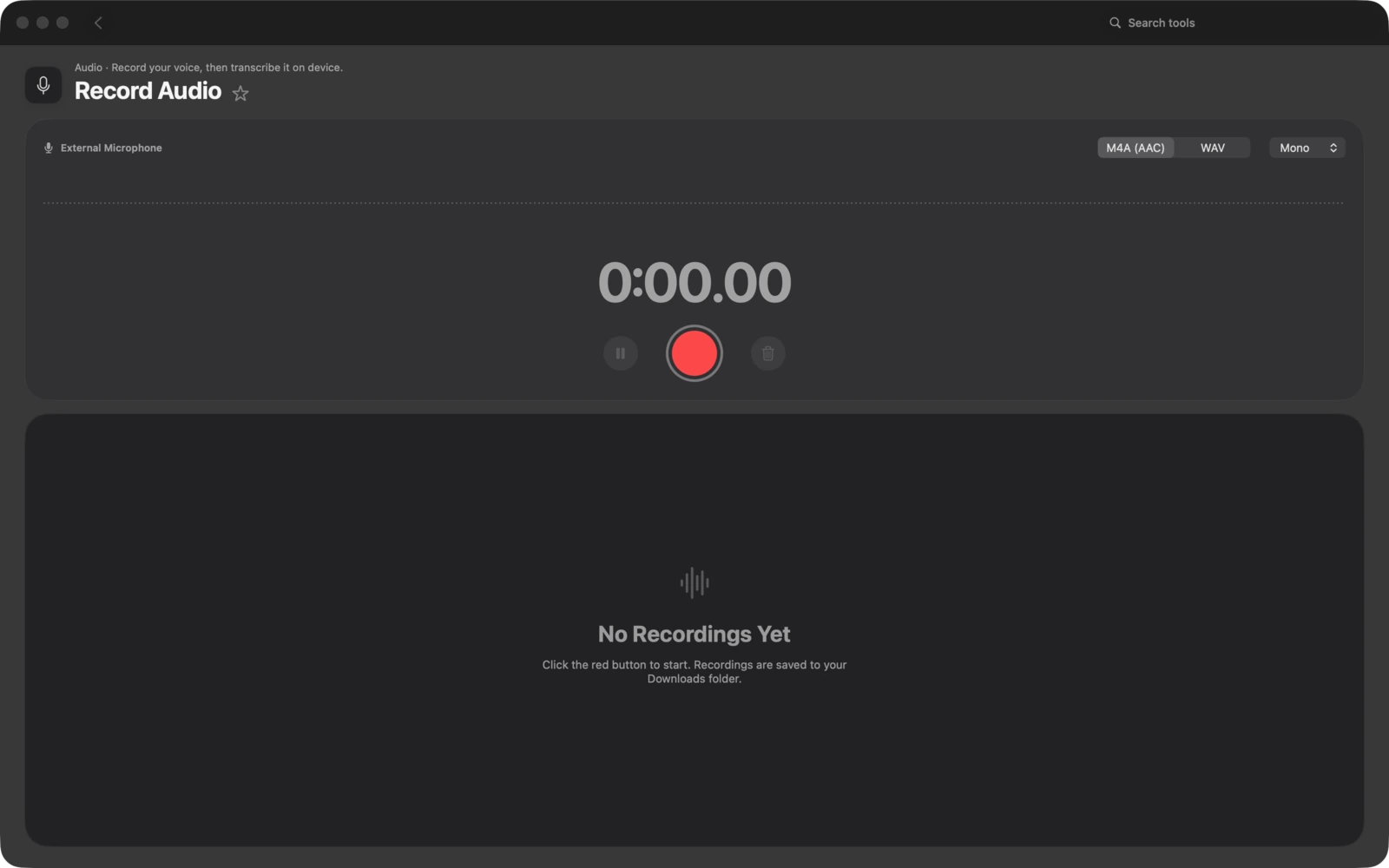 Audio aufnehmen in Toolbox für Mac: Nimm deine Stimme auf und transkribiere sie auf dem Gerät.