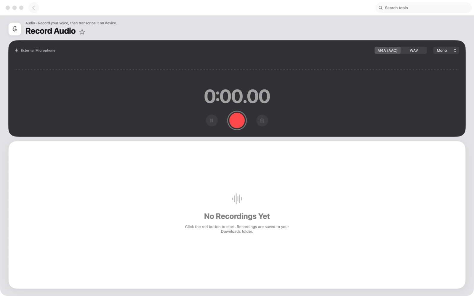 Audio aufnehmen in Toolbox für Mac: Nimm deine Stimme auf und transkribiere sie auf dem Gerät.