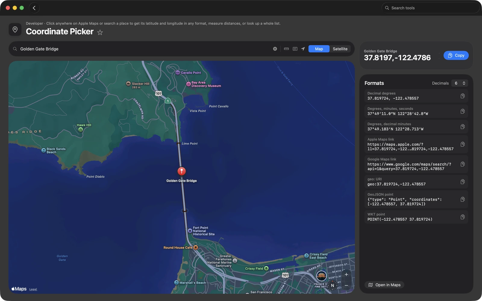 Coordinate Picker in Toolbox for Mac: Click anywhere on Apple Maps or search a place to get its latitude and longitude in any format, measure distances, or look up a whole list.