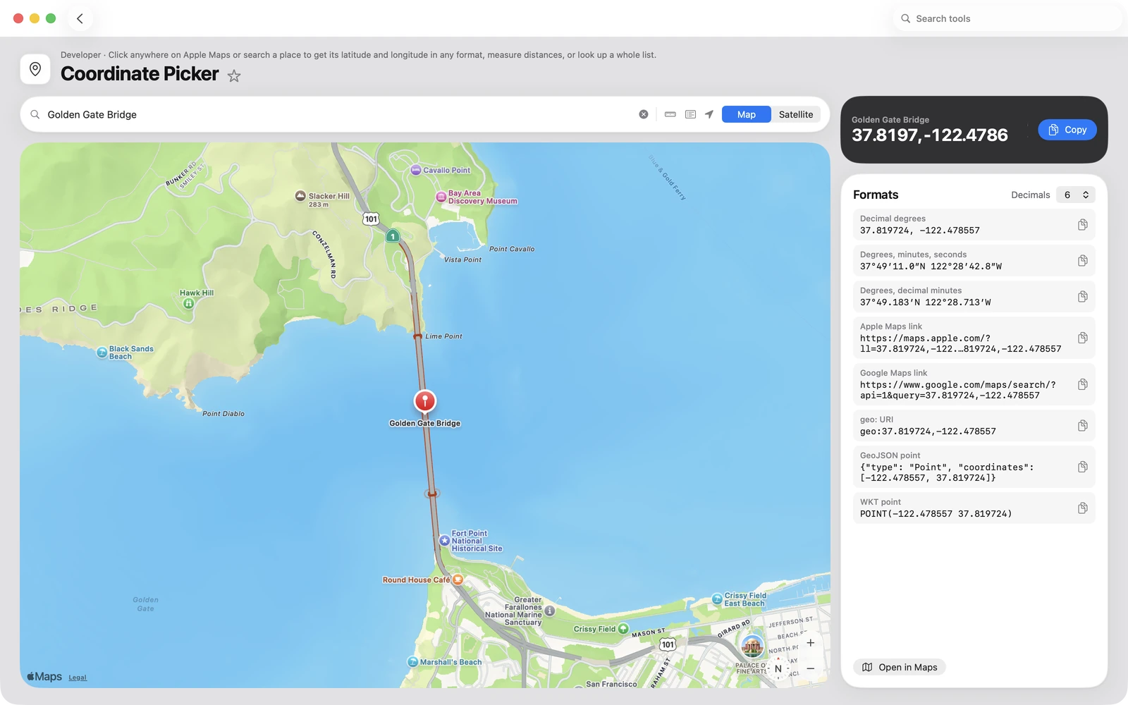 Coordinate Picker in Toolbox for Mac: Click anywhere on Apple Maps or search a place to get its latitude and longitude in any format, measure distances, or look up a whole list.
