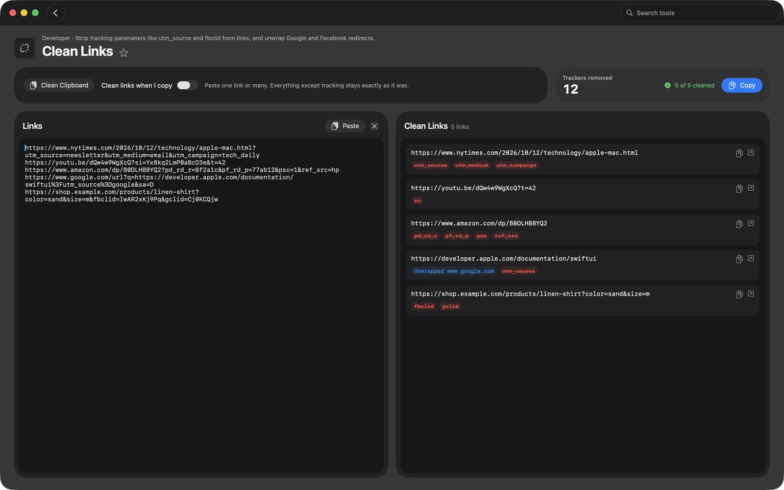 Clean Links in Toolbox for Mac: Strip tracking parameters like utm_source and fbclid from links, and unwrap Google and Facebook redirects.