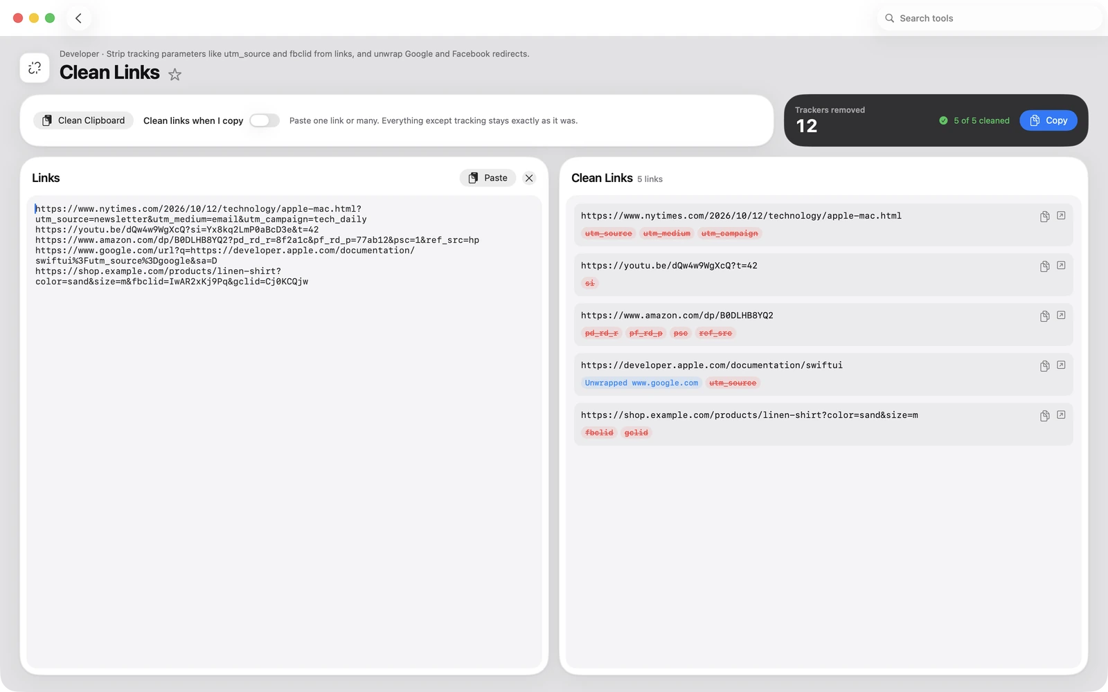 Clean Links in Toolbox for Mac: Strip tracking parameters like utm_source and fbclid from links, and unwrap Google and Facebook redirects.
