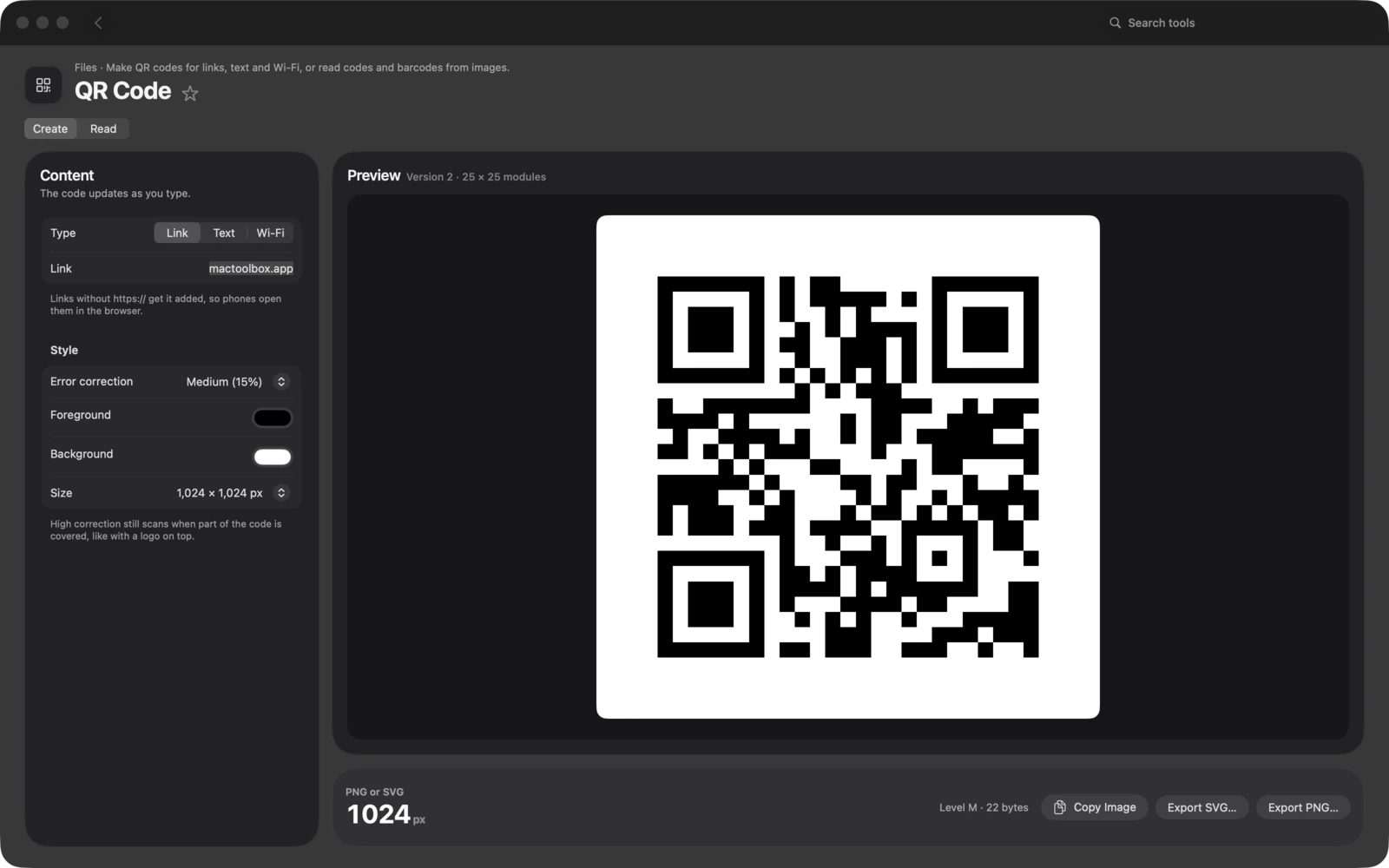 QR-Code in Toolbox für Mac: Erstelle QR-Codes für Links, Text und WLAN oder lies Codes und Barcodes aus Bildern.