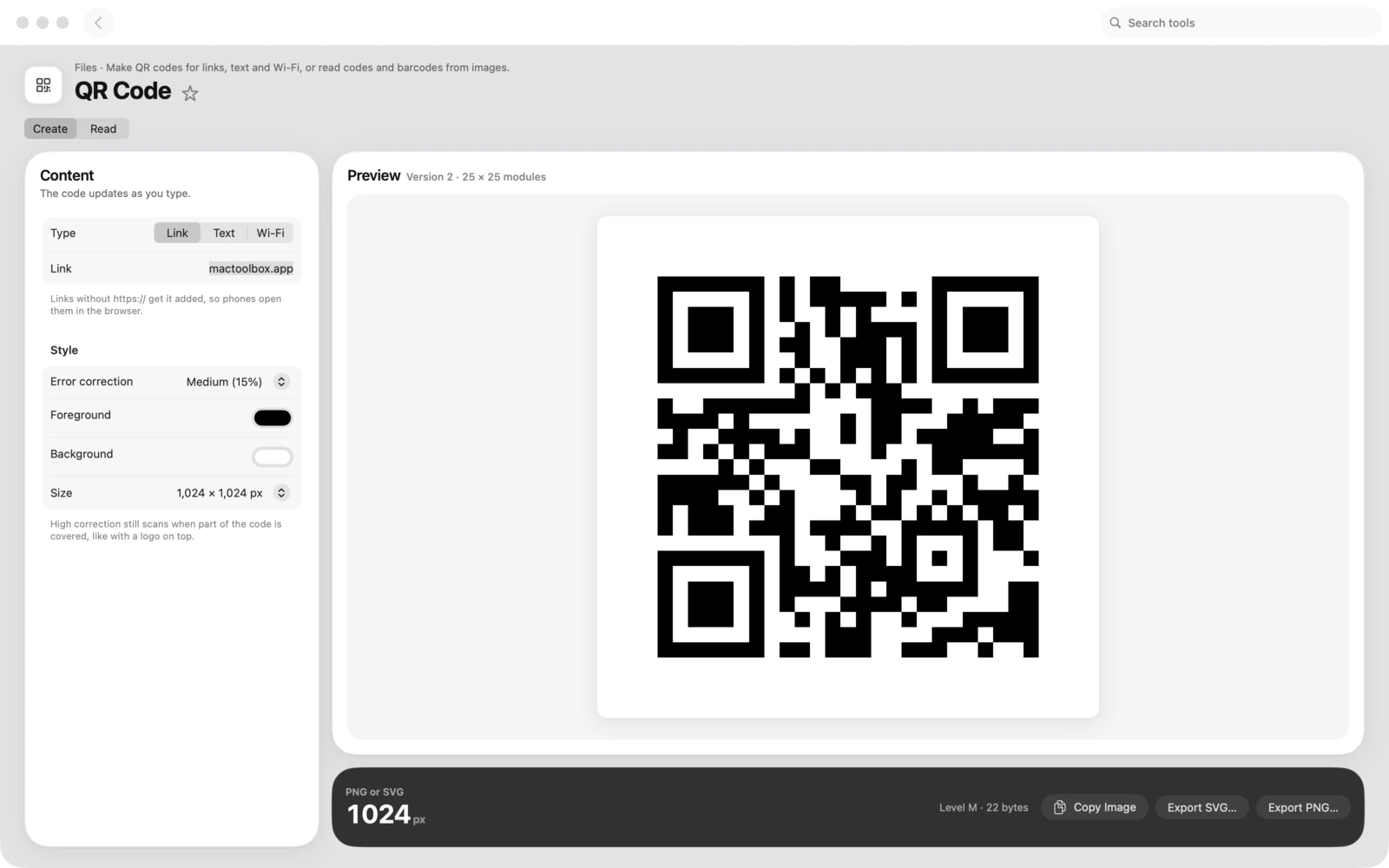 QR-Code in Toolbox für Mac: Erstelle QR-Codes für Links, Text und WLAN oder lies Codes und Barcodes aus Bildern.
