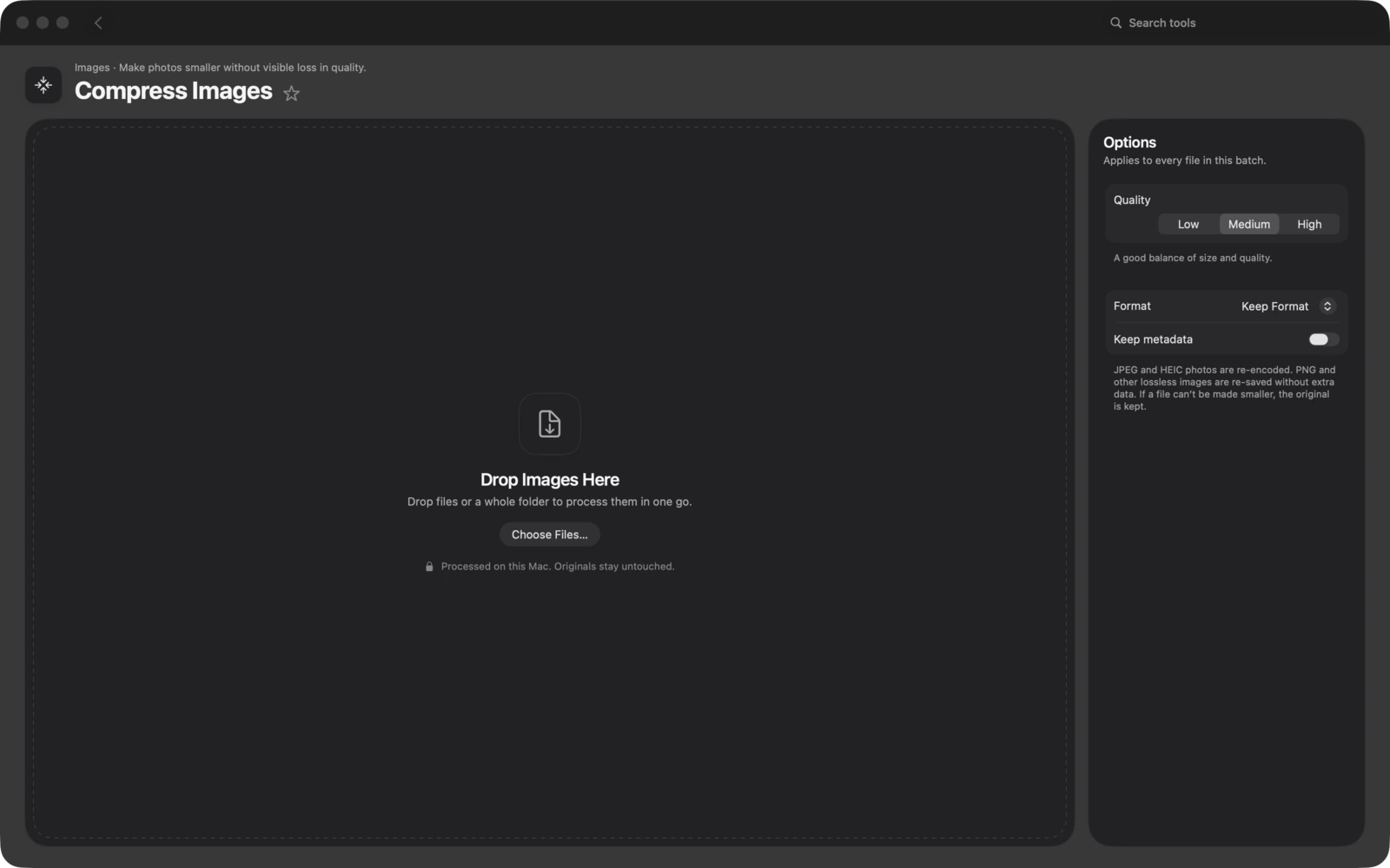 Bilder komprimieren in Toolbox für Mac: Verkleinere Fotos ohne sichtbaren Qualitätsverlust.
