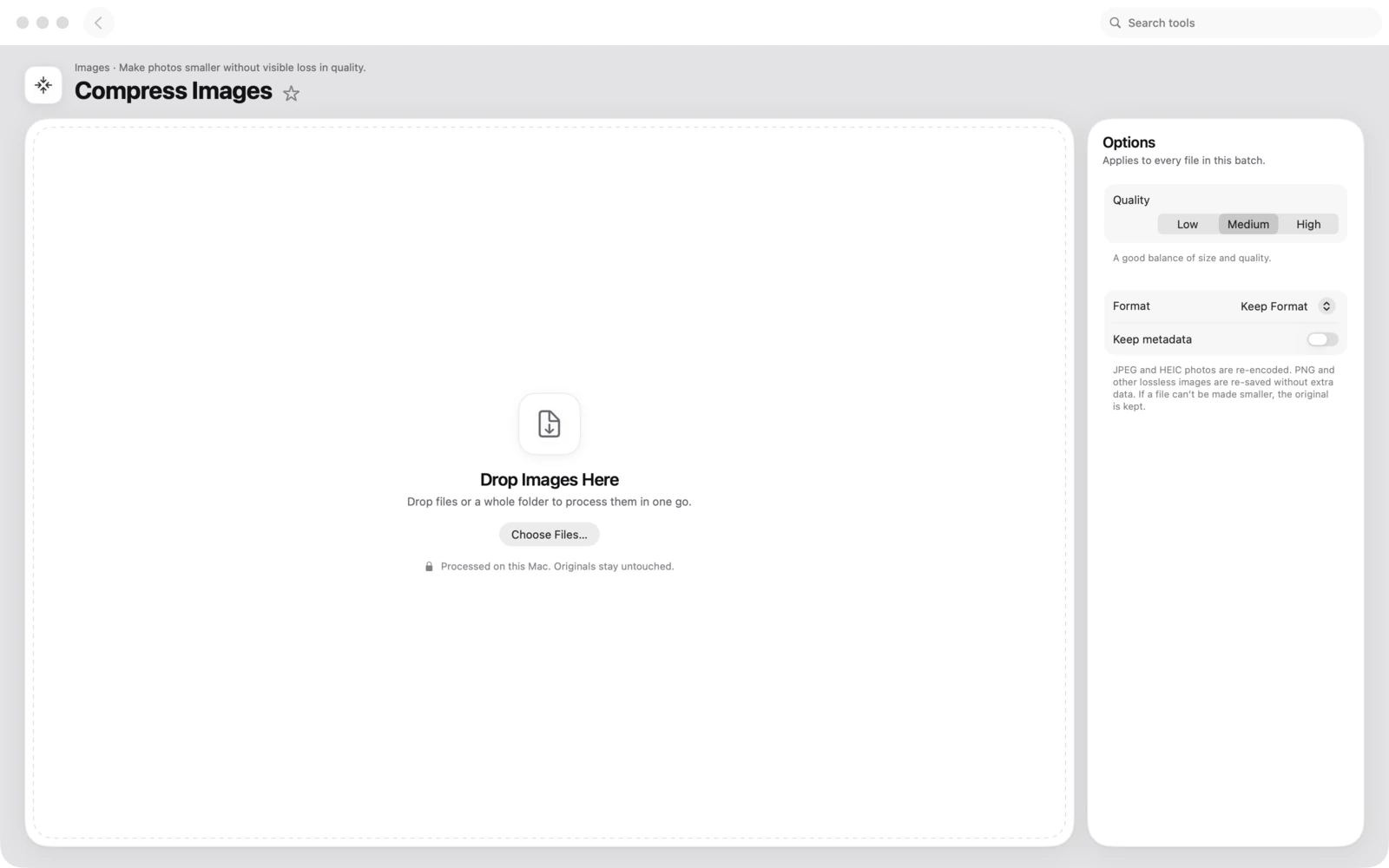 Bilder komprimieren in Toolbox für Mac: Verkleinere Fotos ohne sichtbaren Qualitätsverlust.