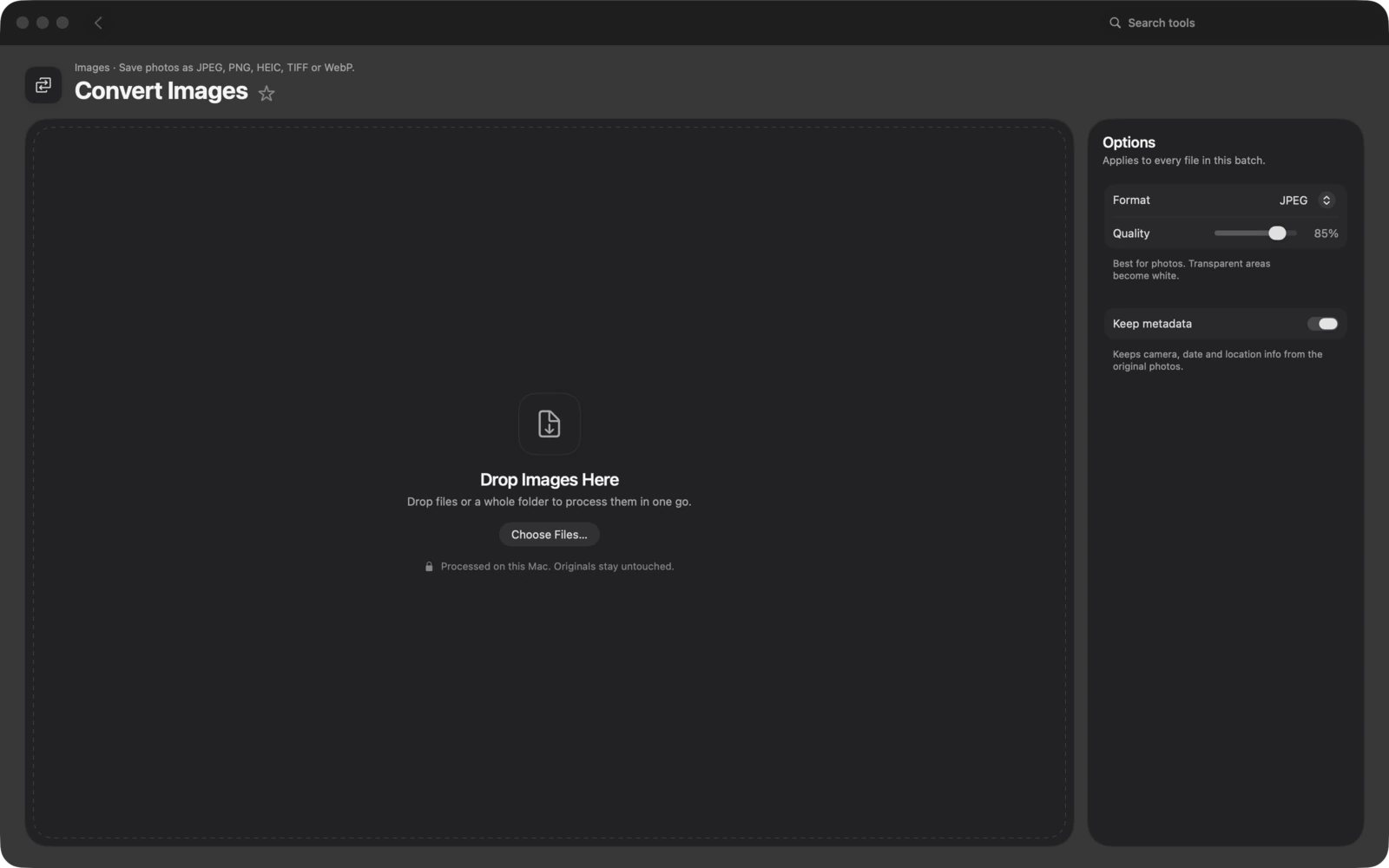 Convertir imágenes en Toolbox para Mac: Guarda fotos como JPEG, PNG, HEIC, TIFF o WebP.