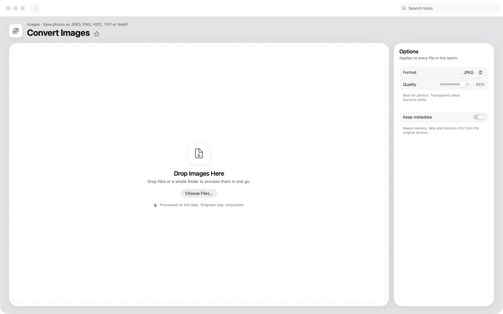 Convertir imágenes en Toolbox para Mac: Guarda fotos como JPEG, PNG, HEIC, TIFF o WebP.