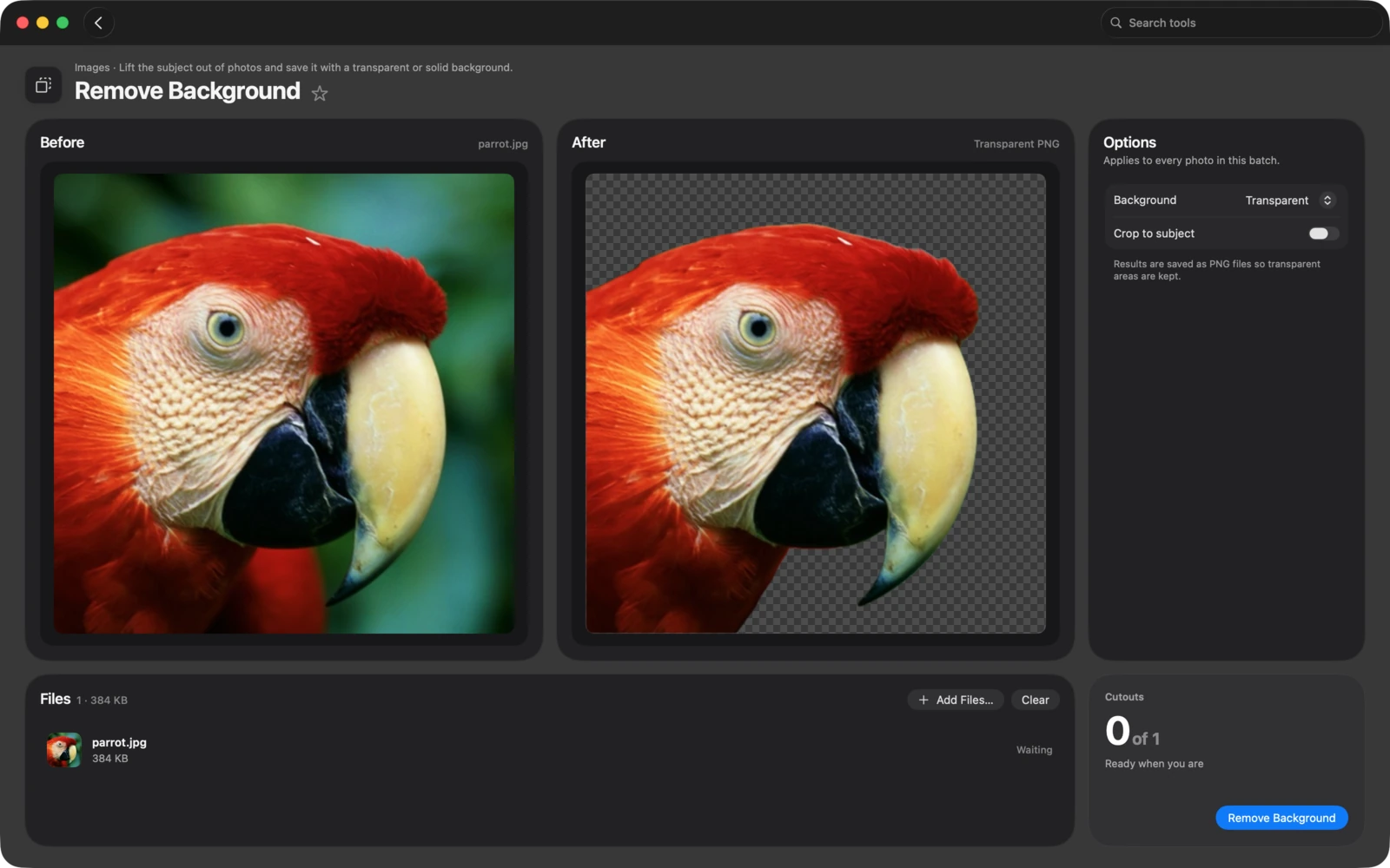 Das Fenster Hintergrund entfernen in Toolbox für Mac. Stelle das Motiv in Fotos frei und sichere es mit transparentem oder einfarbigem Hintergrund.