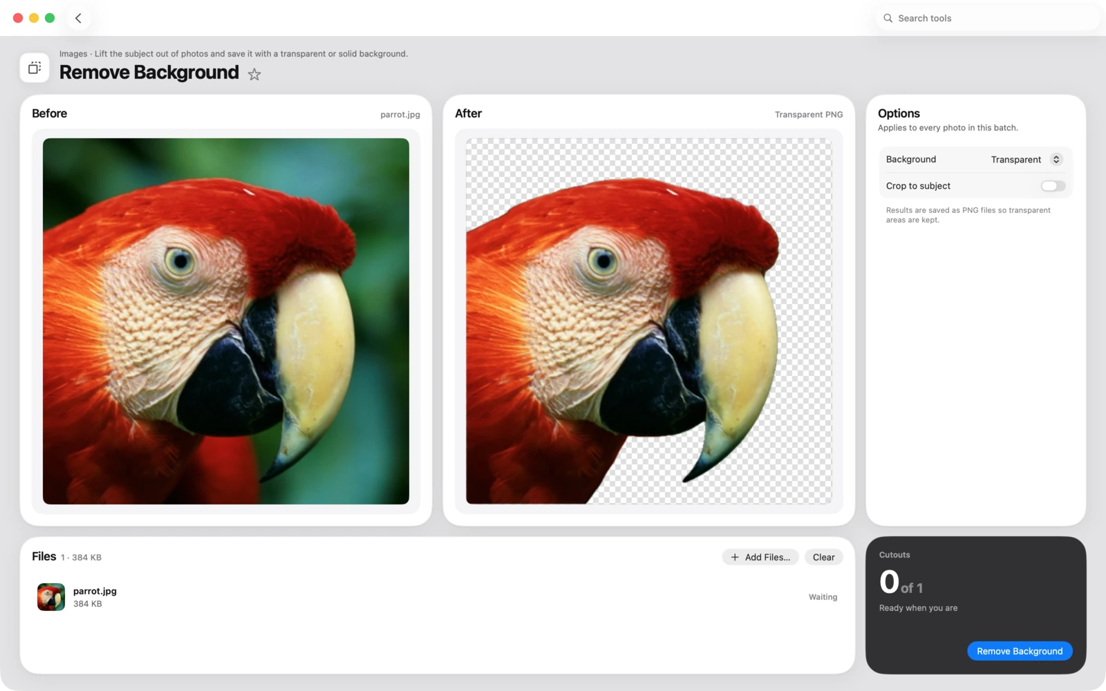 Das Fenster Hintergrund entfernen in Toolbox für Mac. Stelle das Motiv in Fotos frei und sichere es mit transparentem oder einfarbigem Hintergrund.
