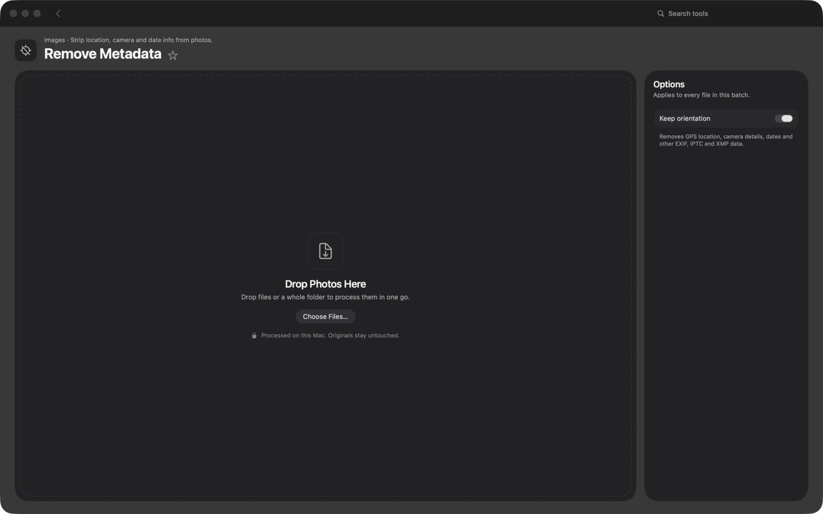 Metadaten entfernen in Toolbox für Mac: Entferne Orts-, Kamera- und Datumsinfos aus Fotos.