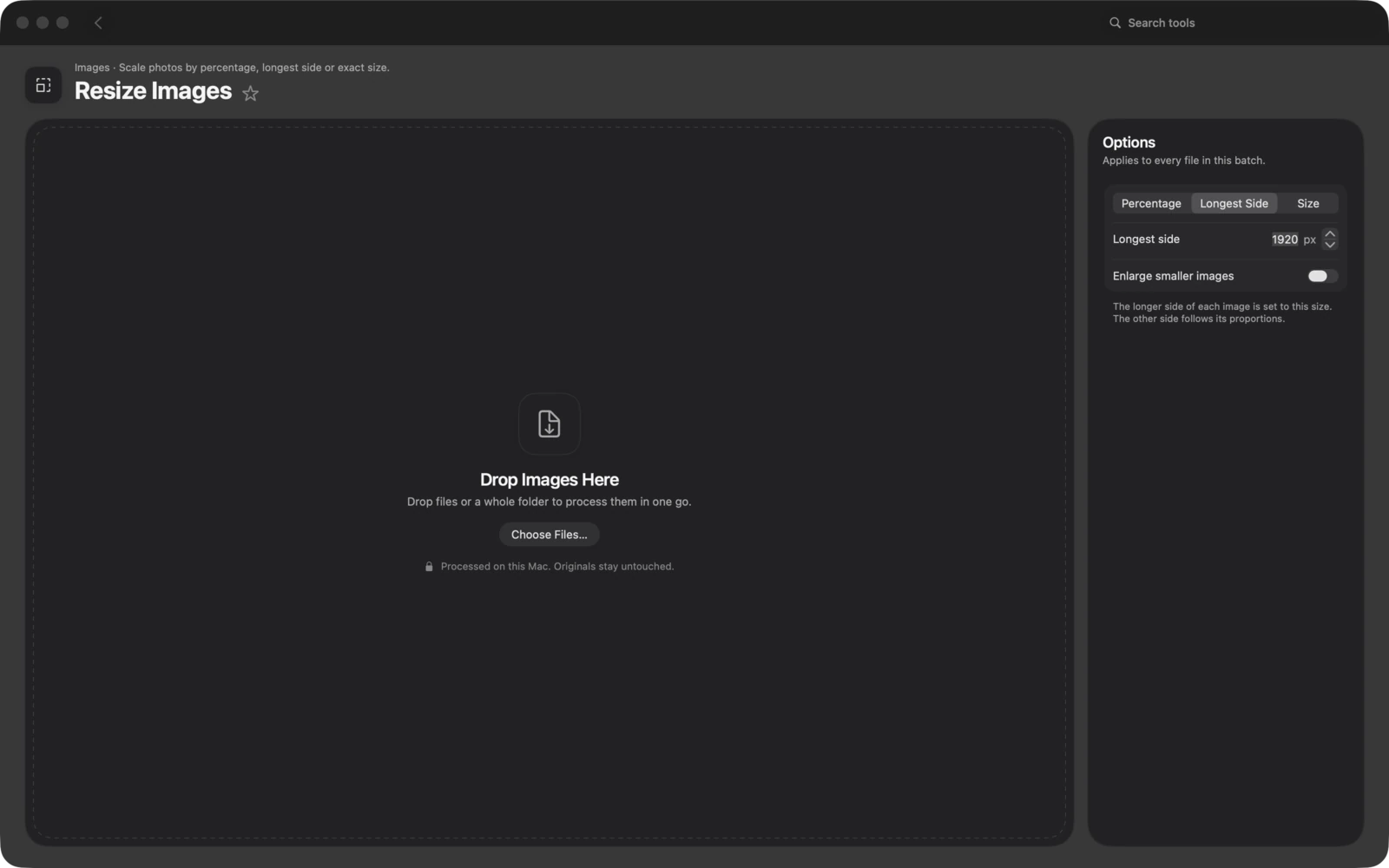 Redimensionar imágenes en Toolbox para Mac: Escala fotos por porcentaje, lado más largo o tamaño exacto.