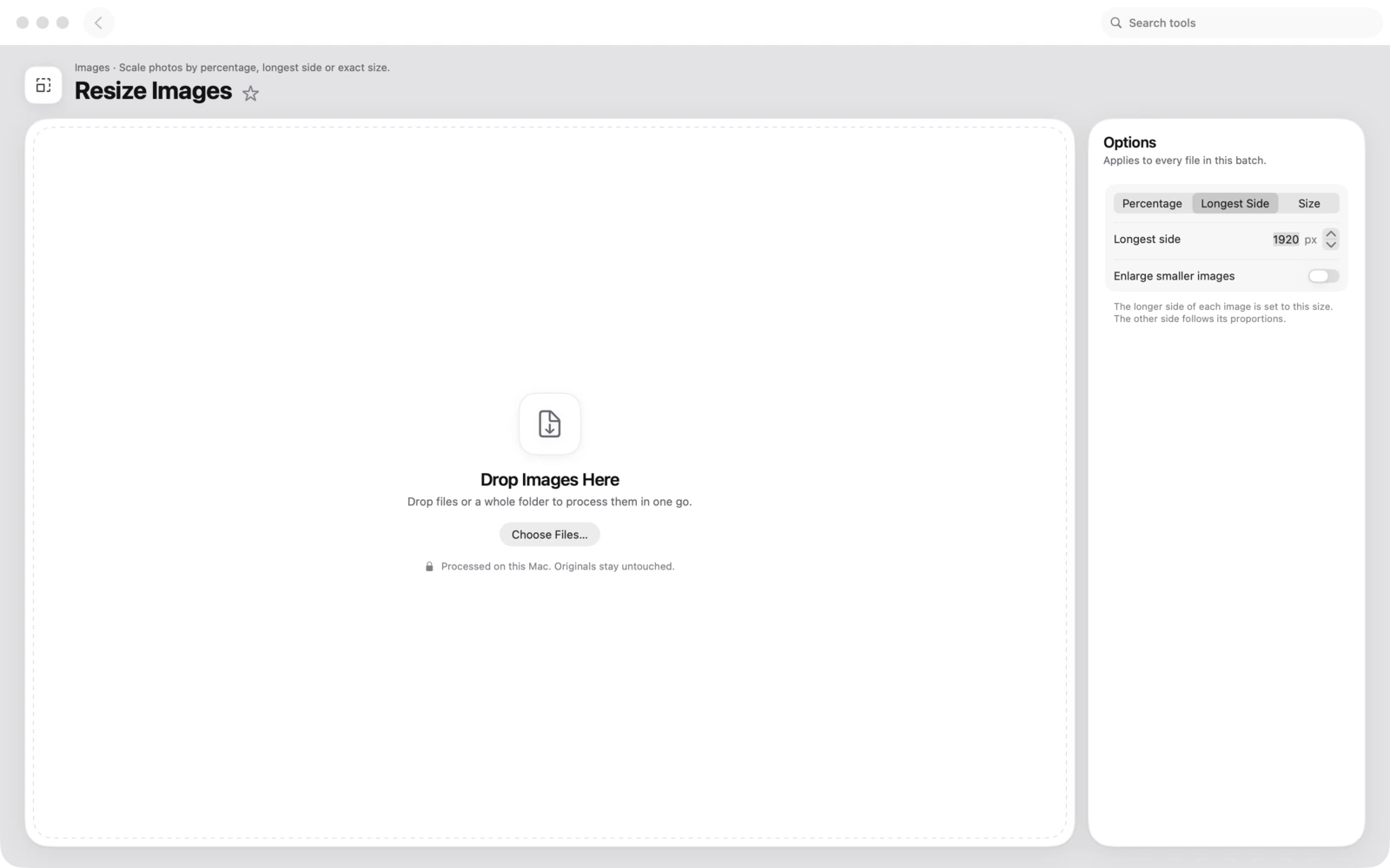 Redimensionar imágenes en Toolbox para Mac: Escala fotos por porcentaje, lado más largo o tamaño exacto.