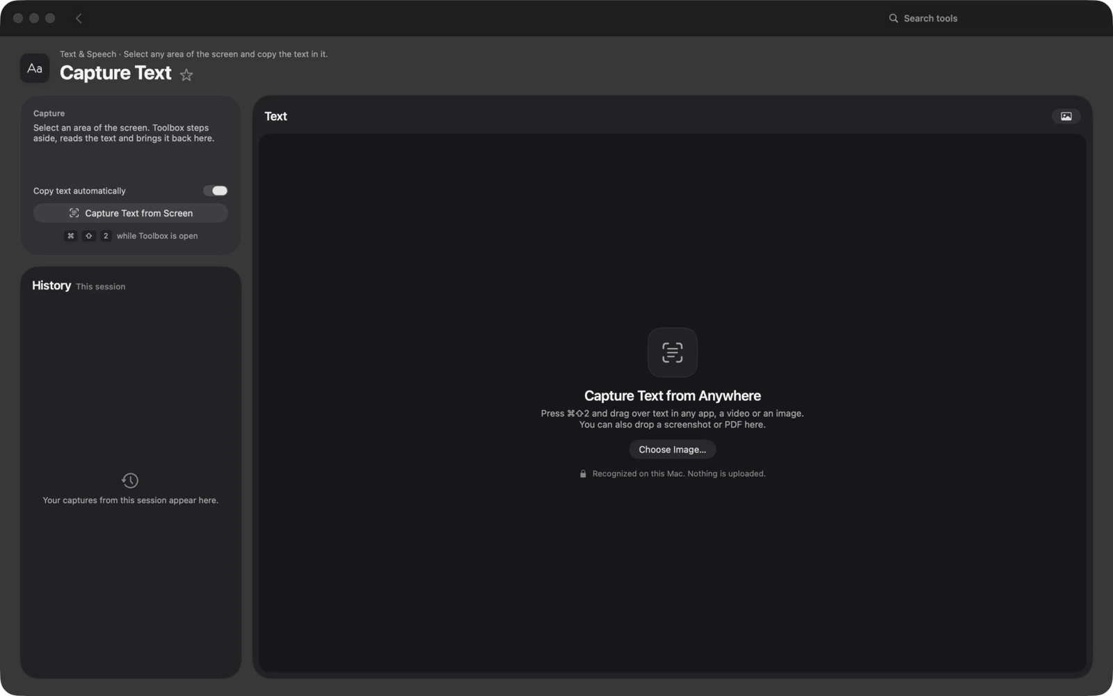 Text erfassen in Toolbox für Mac: Wähle einen beliebigen Bildschirmbereich und kopiere den Text darin.