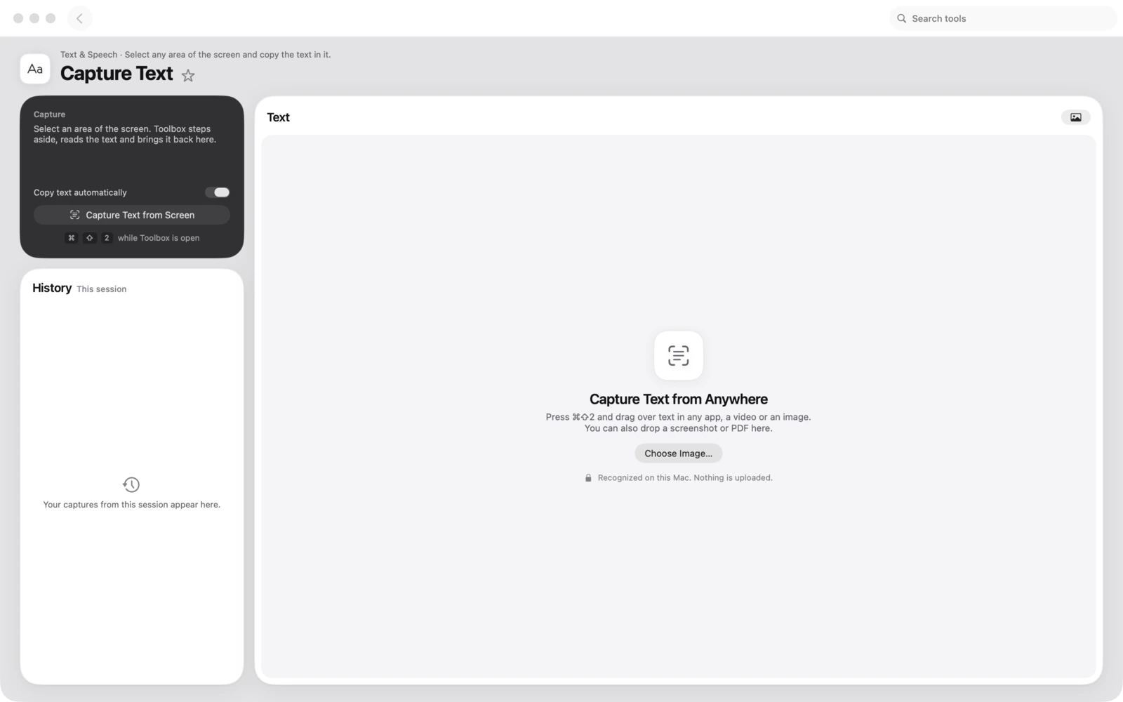 Text erfassen in Toolbox für Mac: Wähle einen beliebigen Bildschirmbereich und kopiere den Text darin.