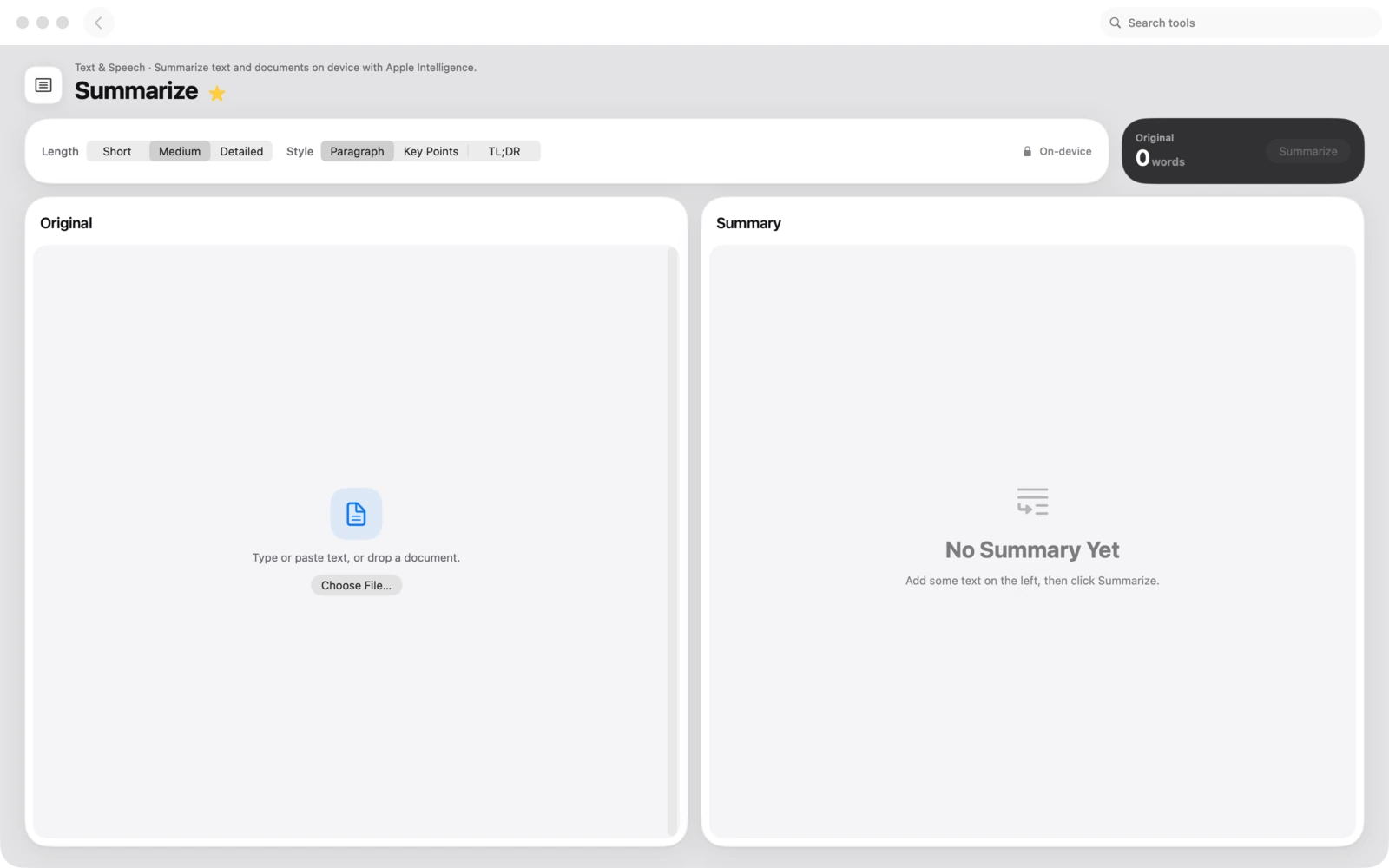Zusammenfassen in Toolbox für Mac: Fasse Texte und Dokumente mit Apple Intelligence auf dem Gerät zusammen.