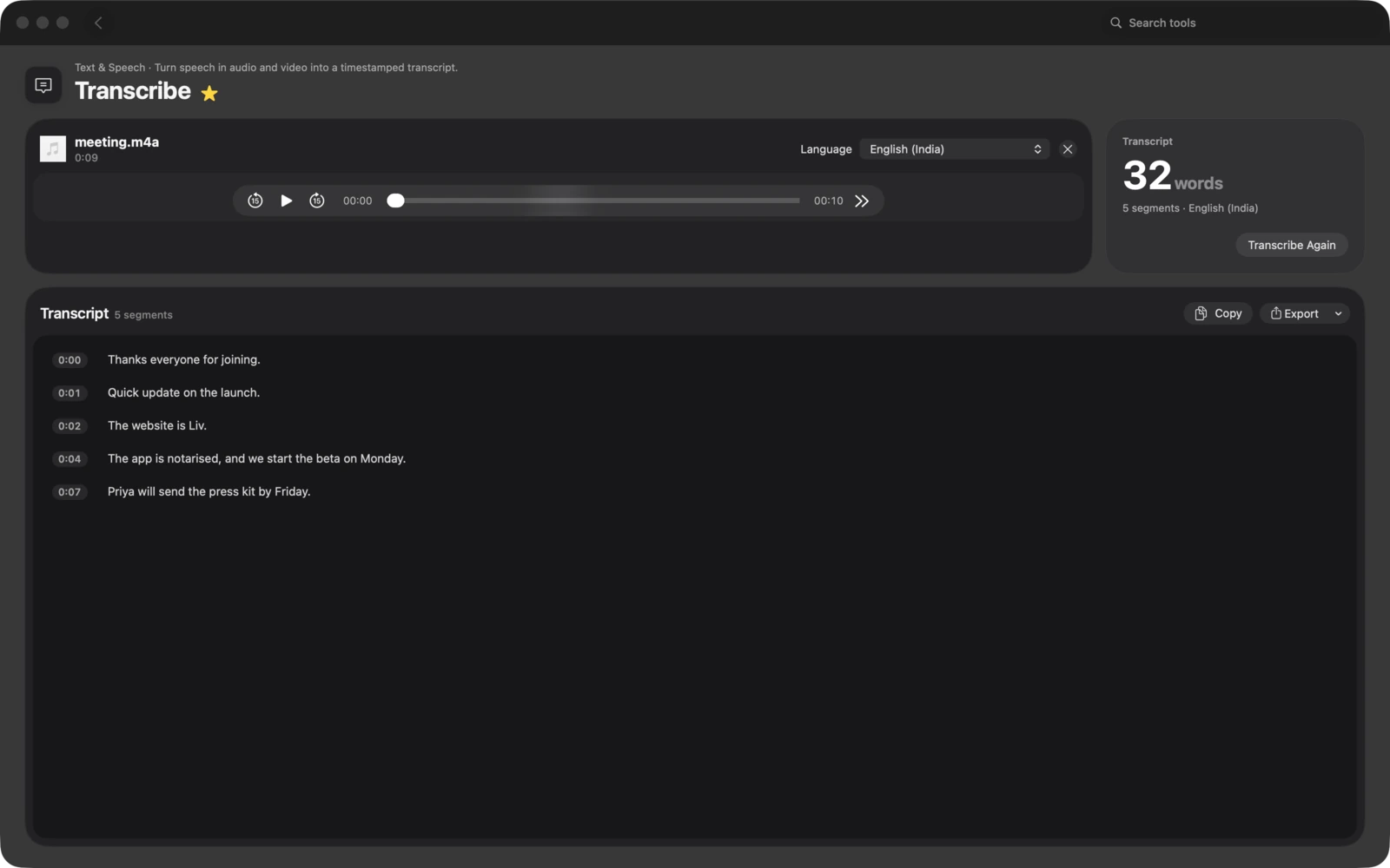 Das Fenster Transkribieren in Toolbox für Mac. Mach aus Sprache in Audio und Video ein Transkript mit Zeitstempeln.