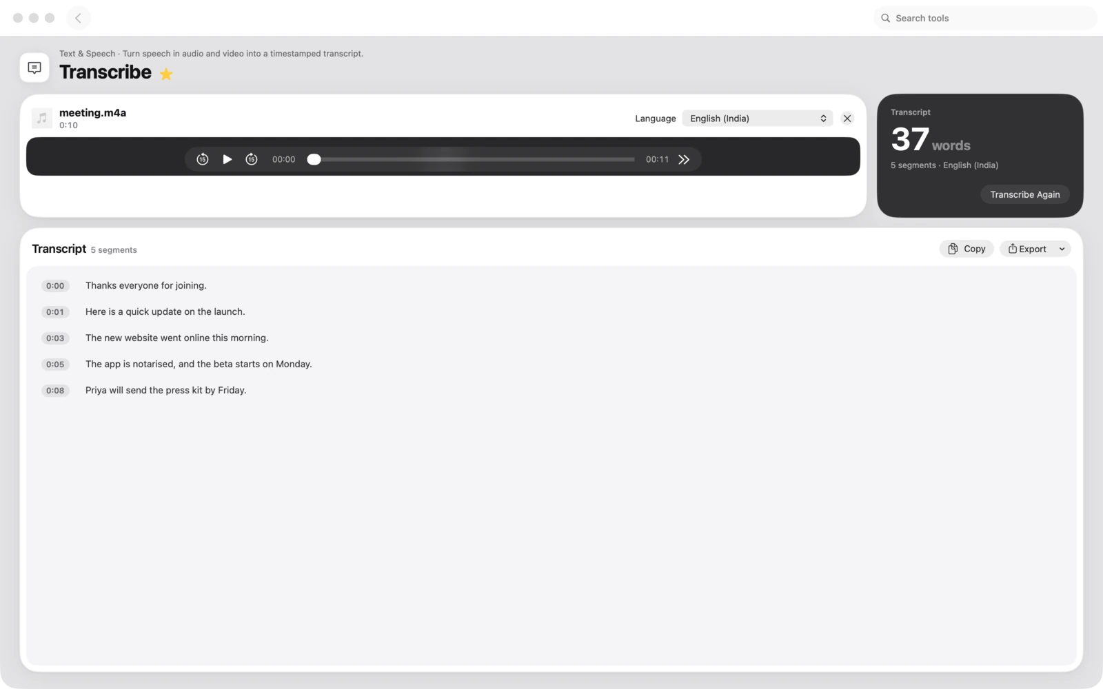 Das Fenster Transkribieren in Toolbox für Mac. Mach aus Sprache in Audio und Video ein Transkript mit Zeitstempeln.